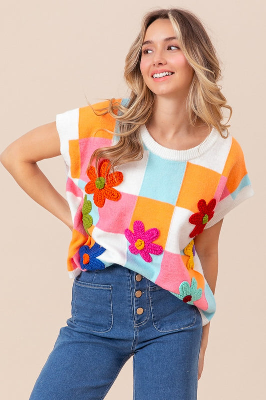 BiBi Flower Patch Checkered Sweater Vest - ThingsWeUseAndLove Orange-Lt-Blue-Pink-XL