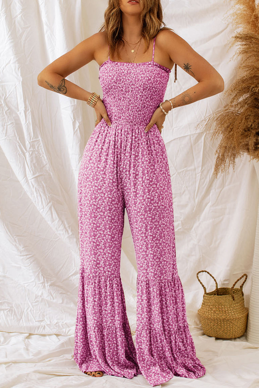 Floral Thin Straps Smocked Bodice Wide Leg Jumpsuit - ThingsWeUseAndLove 