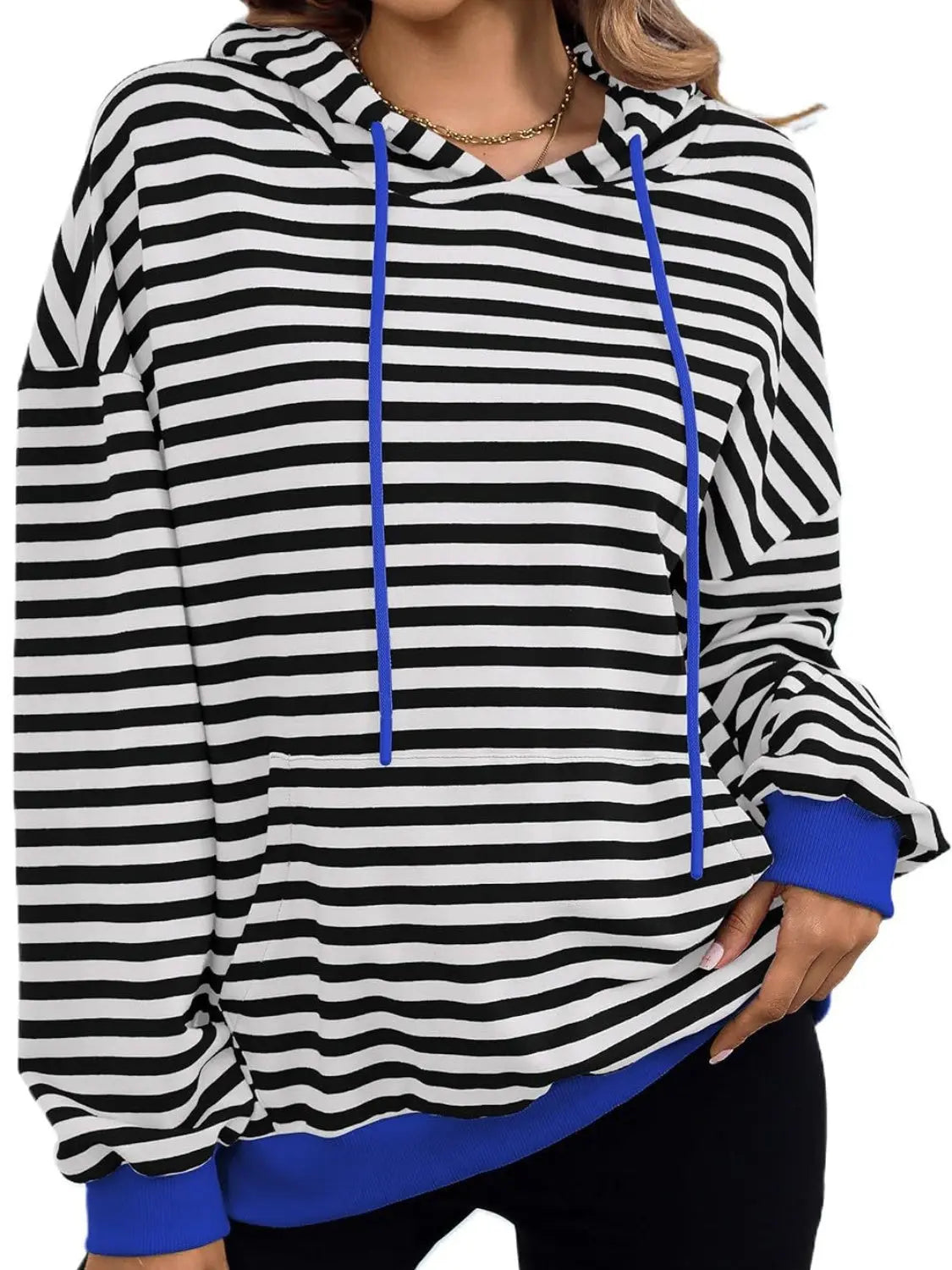 Drawstring Striped Long Sleeve Hoodie - ThingsWeUseAndLove Black-XL