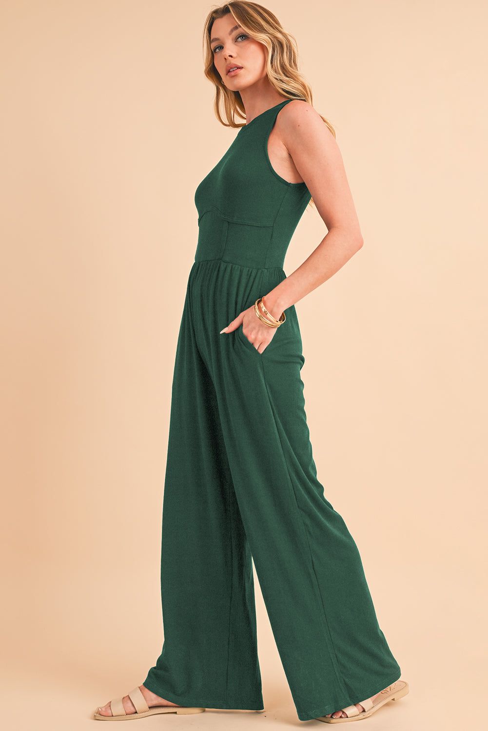 Blackish Green Sleeveless High Waist Wide Leg Jumpsuit - ThingsWeUseAndLove 