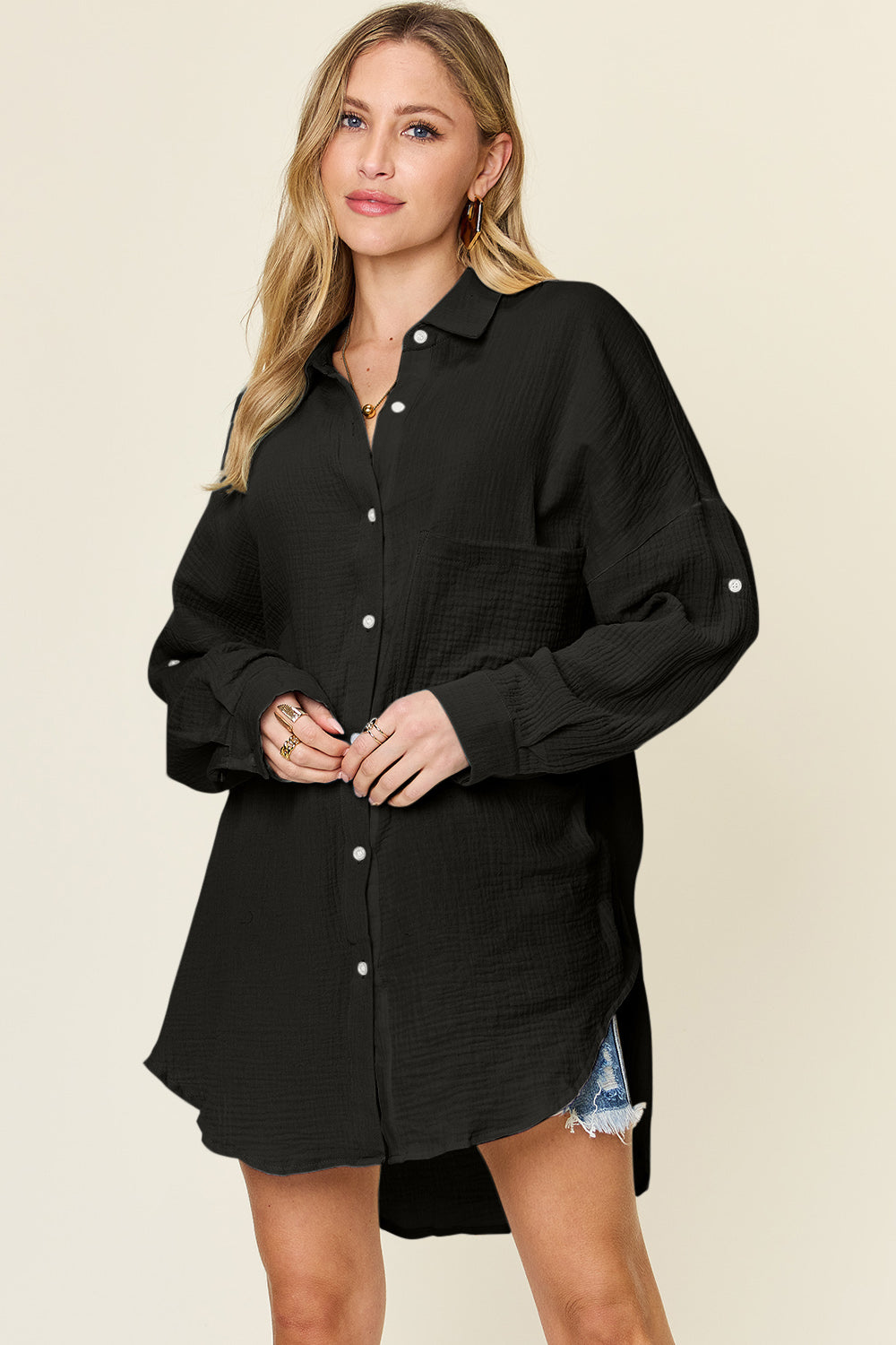 Simone Size Inclusive Pocketed Texture Button Up Shirt - ThingsWeUseAndLove Black-3XL