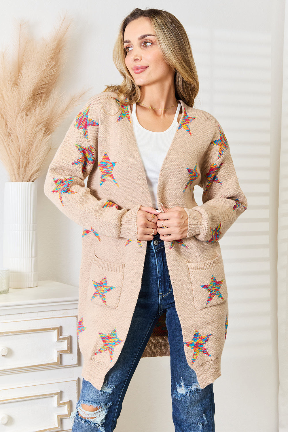 Star Pattern Open Front Longline Cardigan - ThingsWeUseAndLove