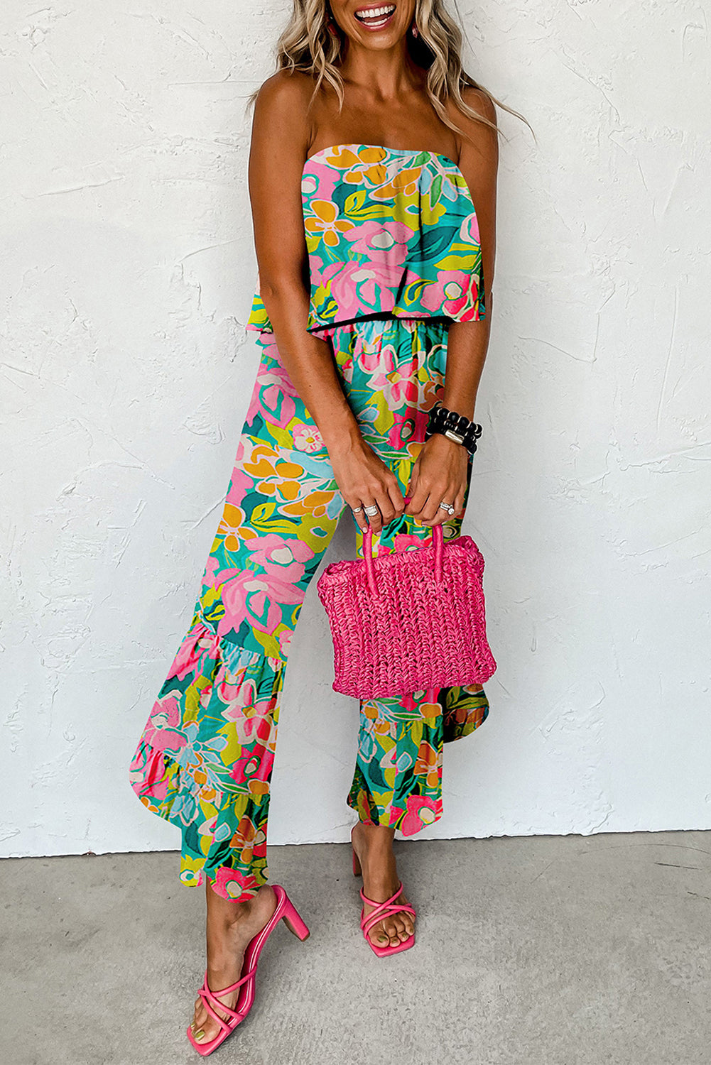 Tropical Print Strapless Ruffle Jumpsuit - ThingsWeUseAndLove Green-XL