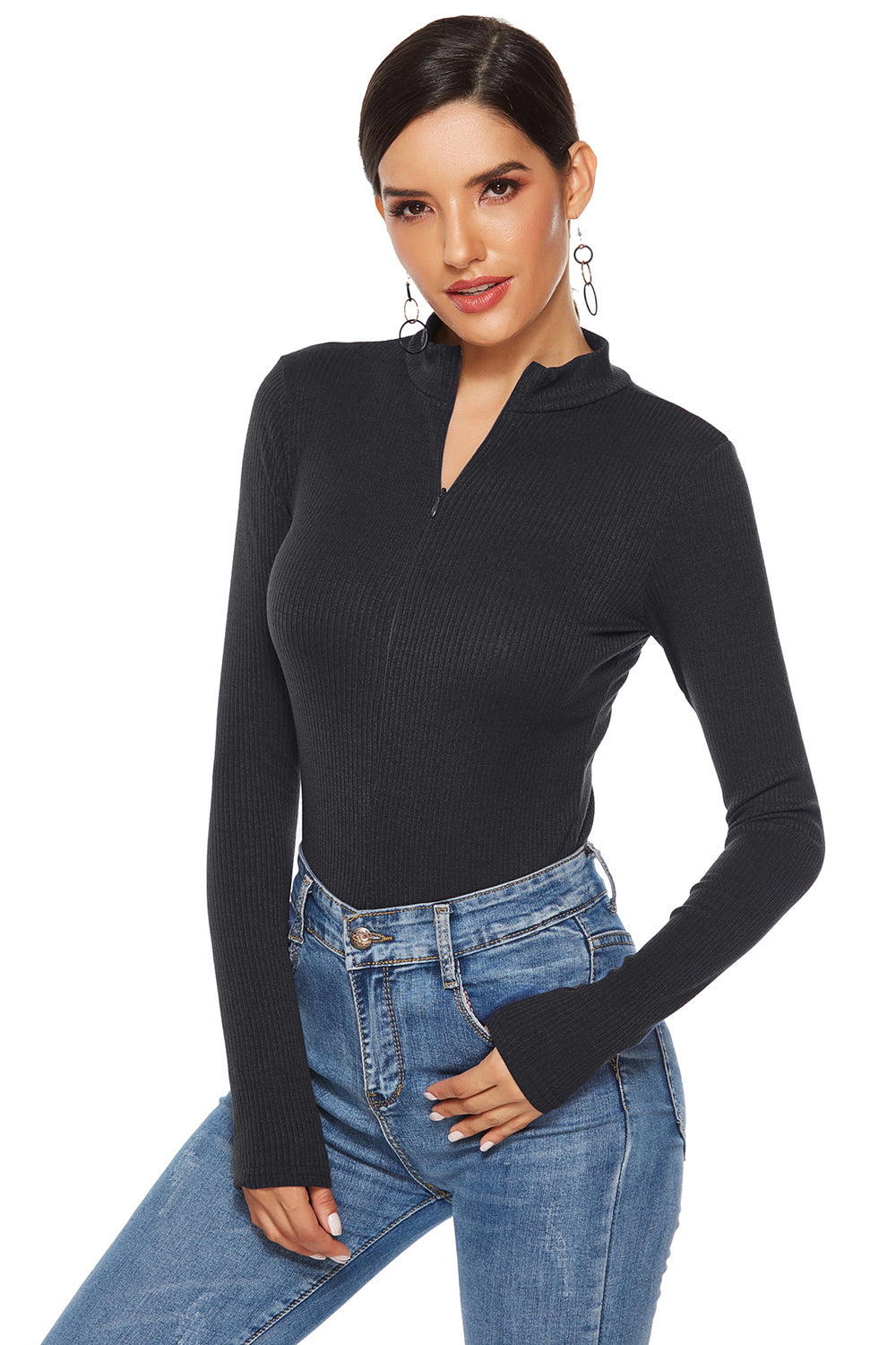 Ribbed Half Zip Long Sleeve Bodysuit - ThingsWeUseAndLove