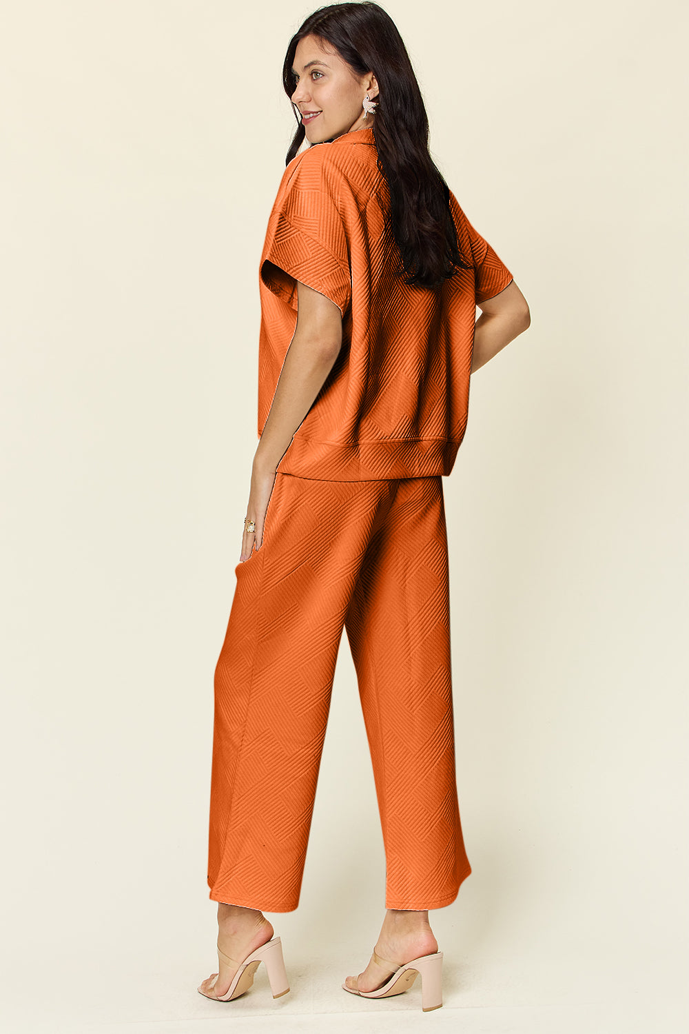 Texture Half Zip Short Sleeve Top and Pants Set - ThingsWeUseAndLove 