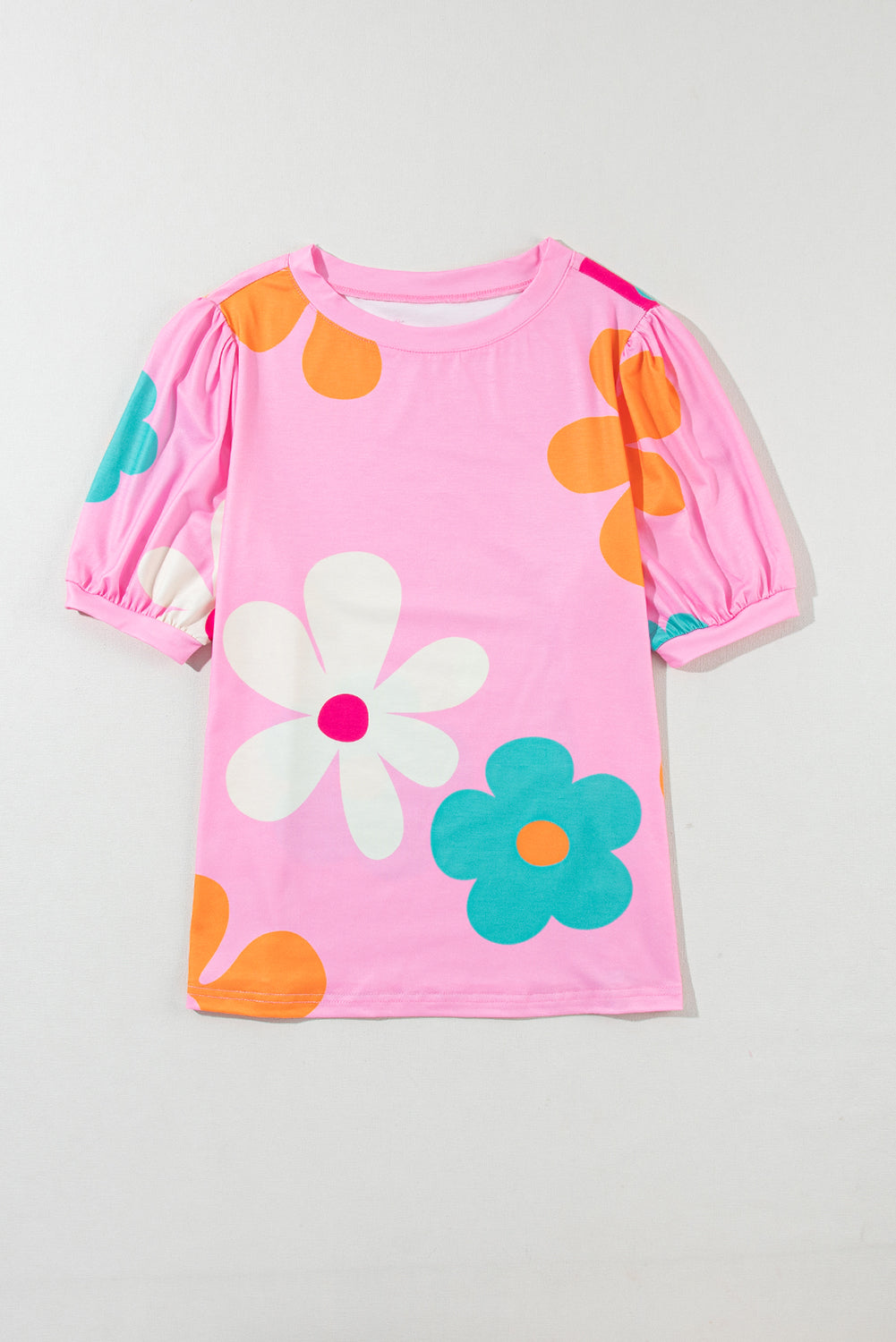 Sky Blue Flower Print Bubble Sleeve Tee - ThingsWeUseAndLove 