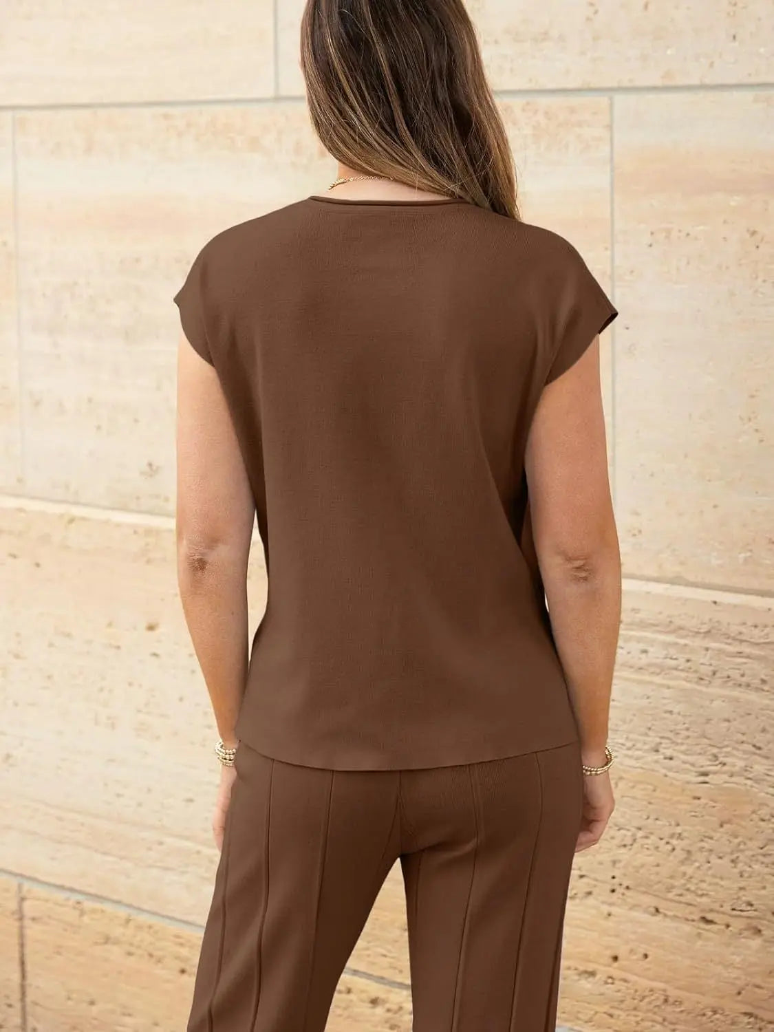 Round Neck Cap Sleeve Top and Pants Knit Set - ThingsWeUseAndLove Brown-XL