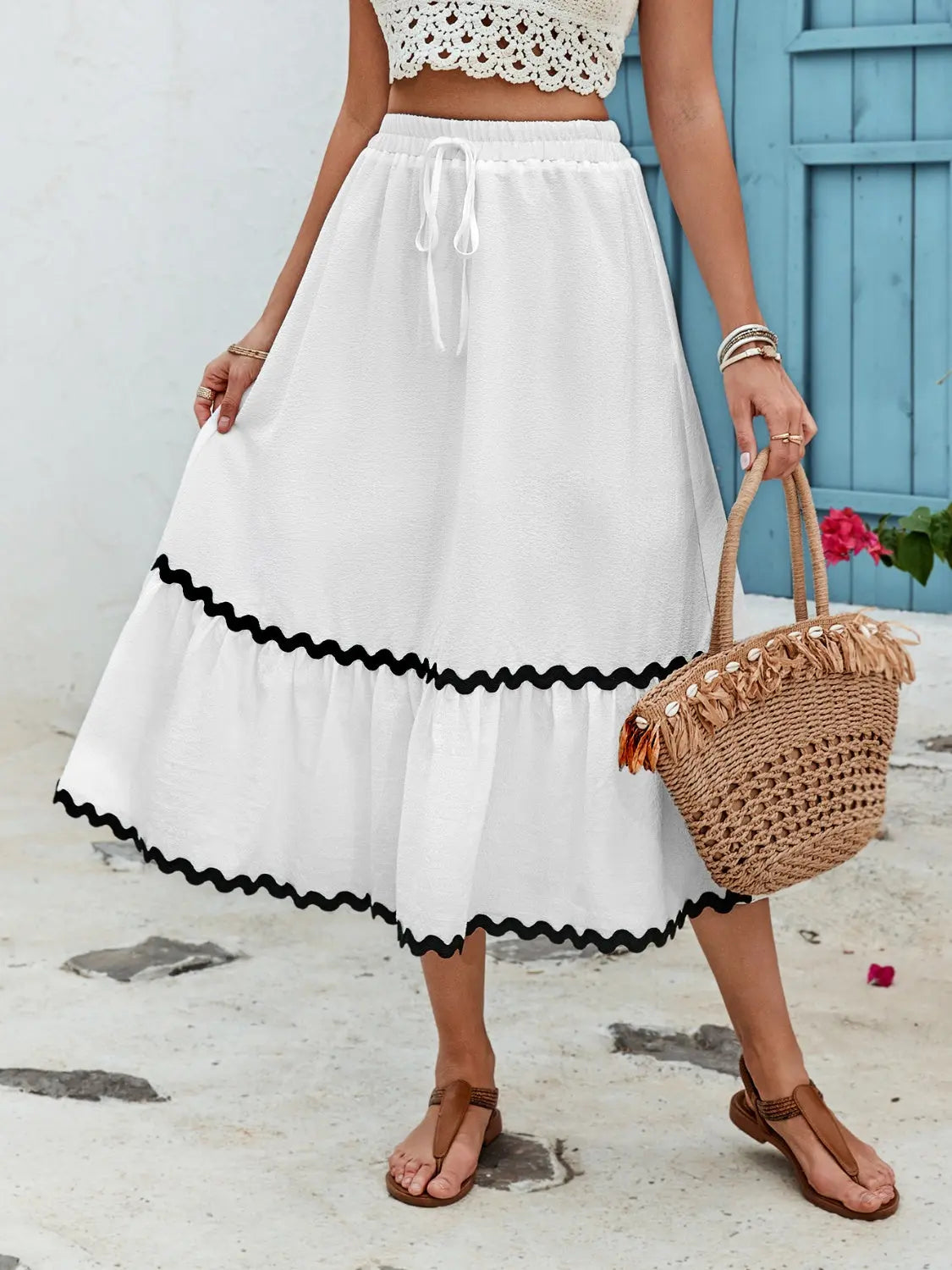 Tied Contrast Trim High Waist Skirt - ThingsWeUseAndLove White-XL