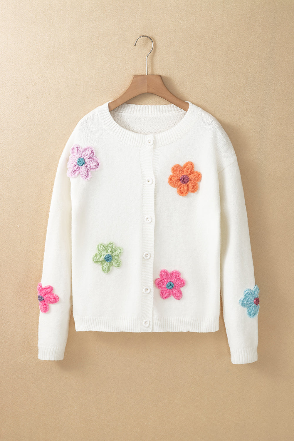 White Cute Flower Pattern Button-Up Cardigan - ThingsWeUseAndLove 