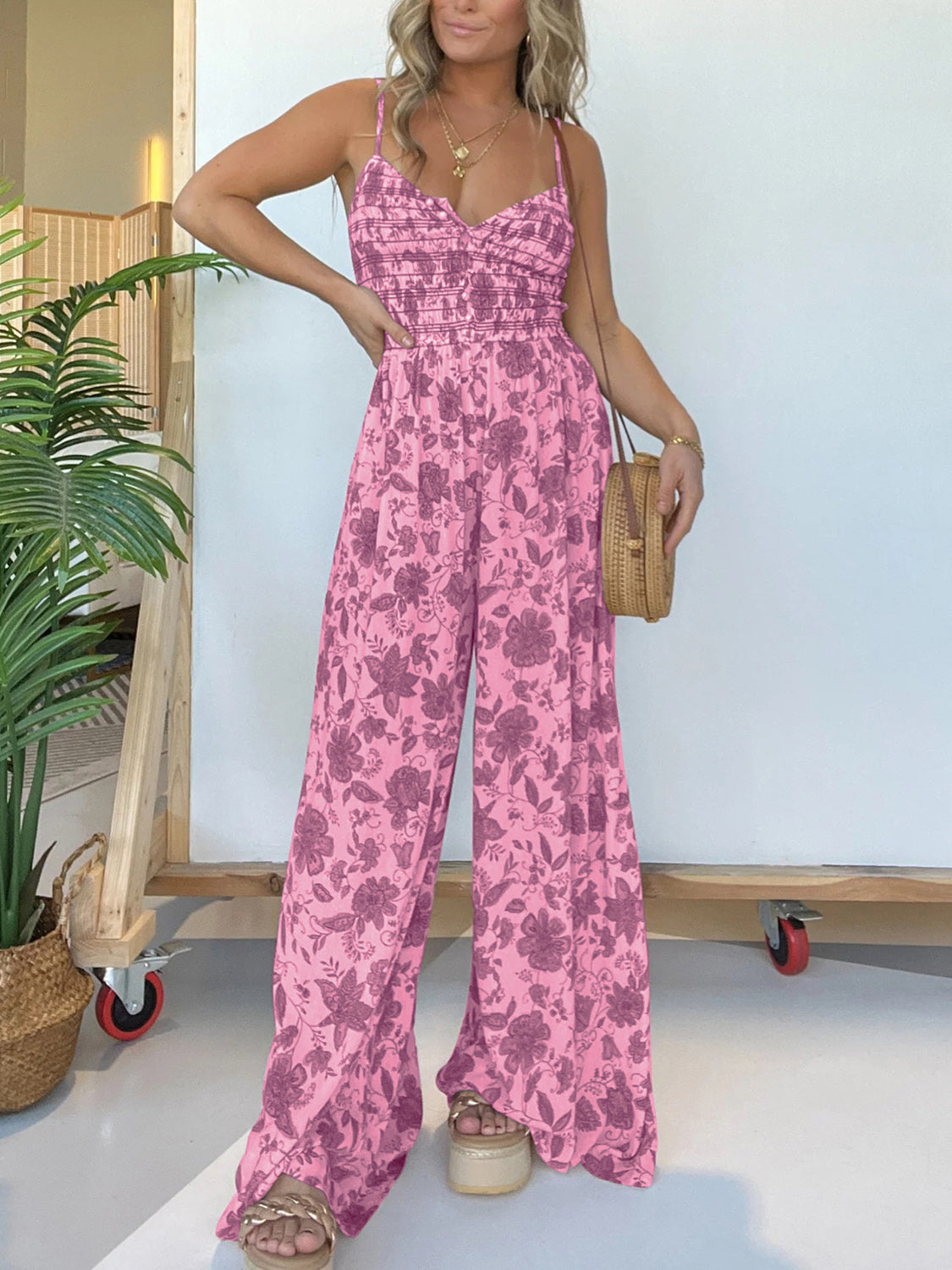 Printed Spaghetti Strap Wide Leg Jumpsuit - ThingsWeUseAndLove 