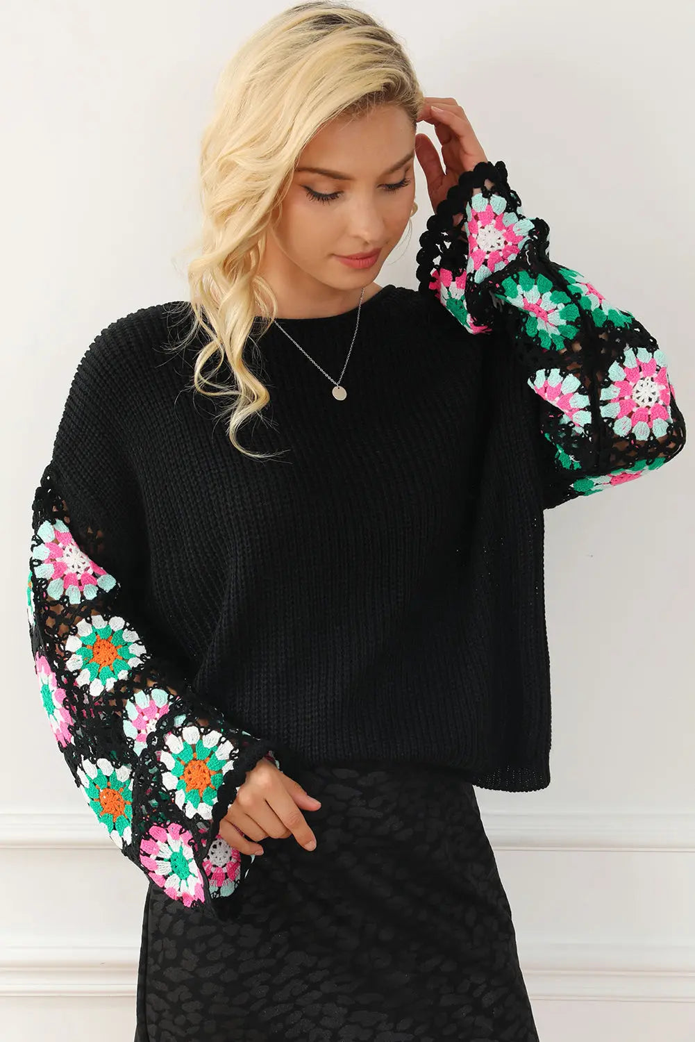 Jordan Crochet Round Neck Long Sleeve Knit Top - ThingsWeUseAndLove 