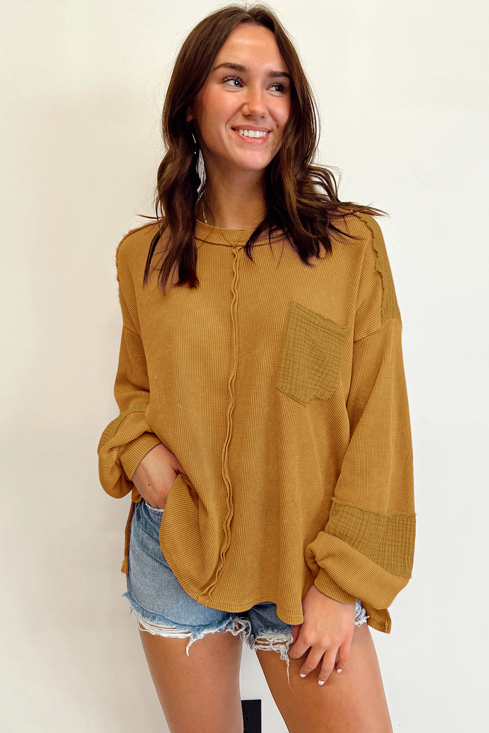 Crinkle Patchwork Long Sleeve Top - ThingsWeUseAndLove 