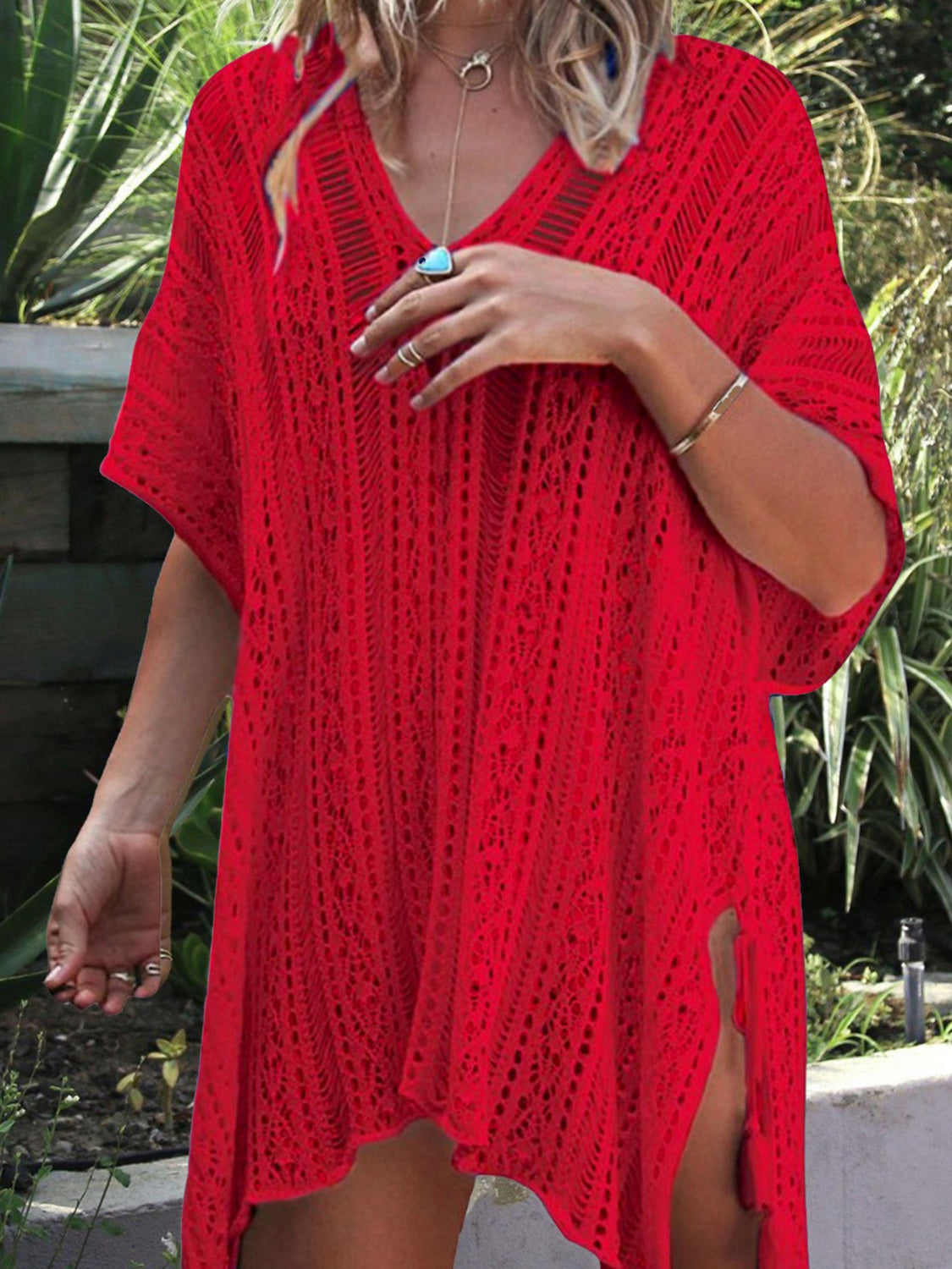 Toni Cutout V-Neck Cover-Up with Tassel - ThingsWeUseAndLove Red-One-Size