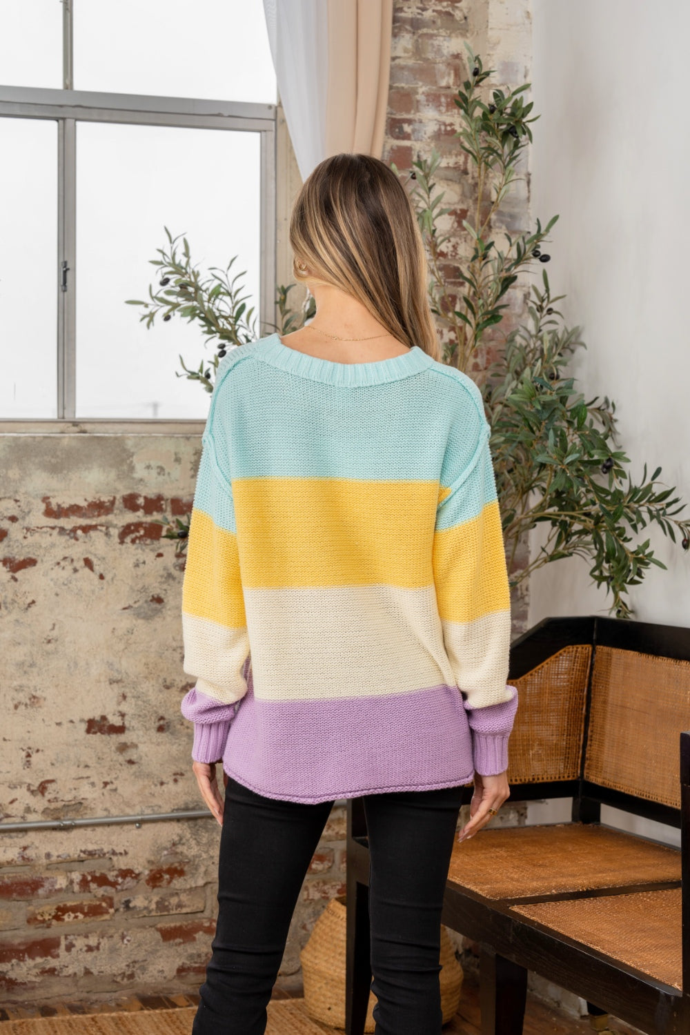 Color Block Yellow/Lilac Exposed Seam Sweater - ThingsWeUseAndLove 