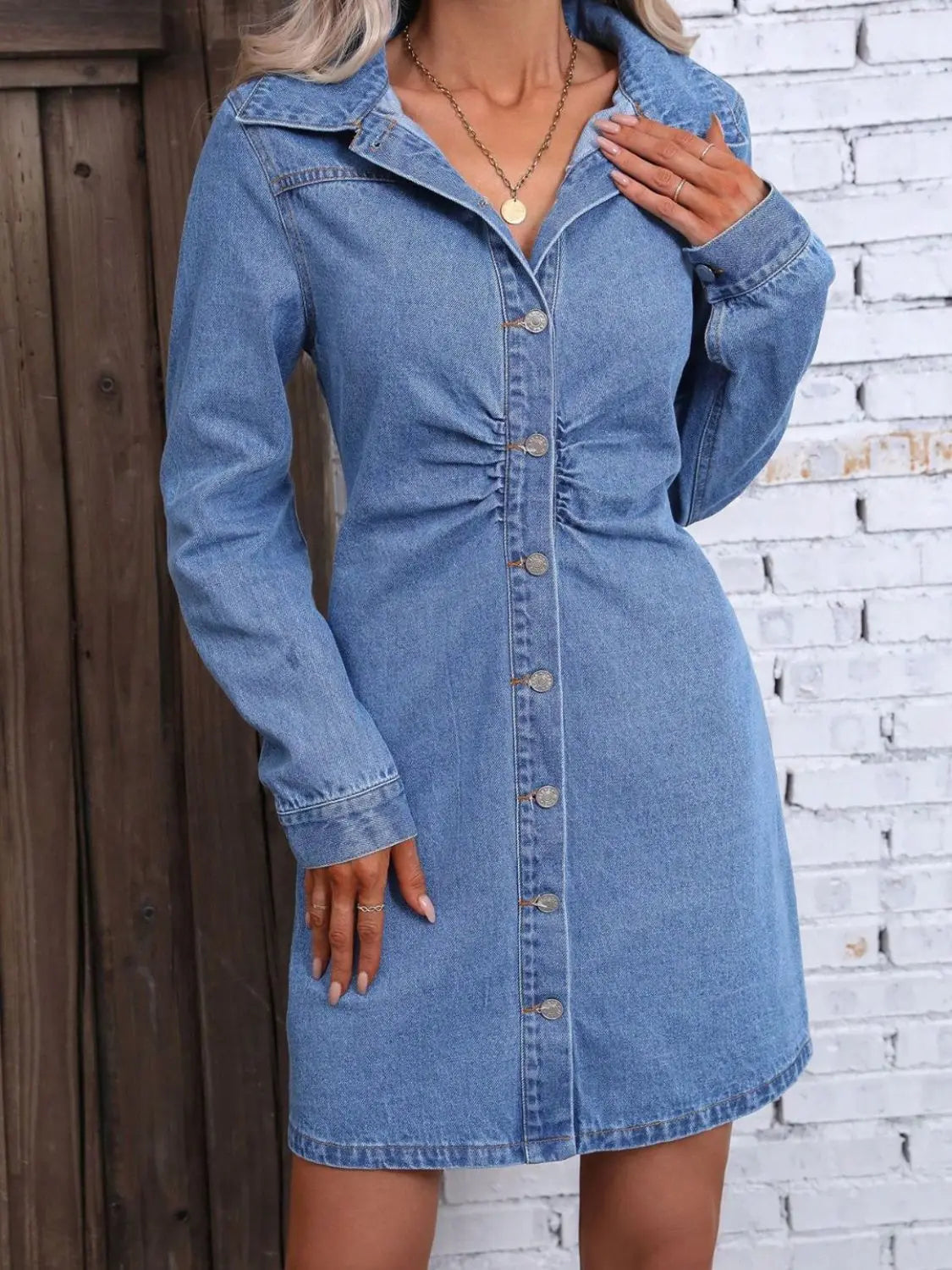 Drew Ruched Button Up Long Sleeve Denim Dress - ThingsWeUseAndLove 