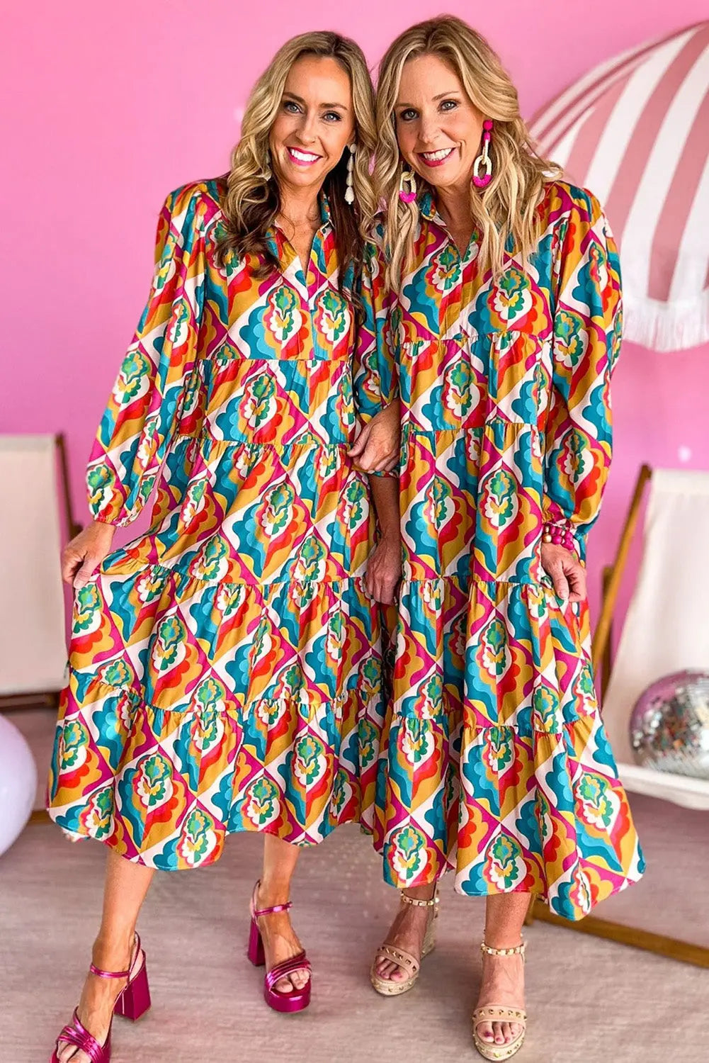 Notch Neck Tiered Multicolor Abstract Geometric Print Boho Dress - ThingsWeUseAndLove 