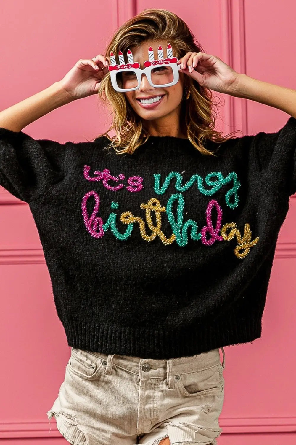 Metallic Letter Puff Sleeve Hairy Sweater - ThingsWeUseAndLove 