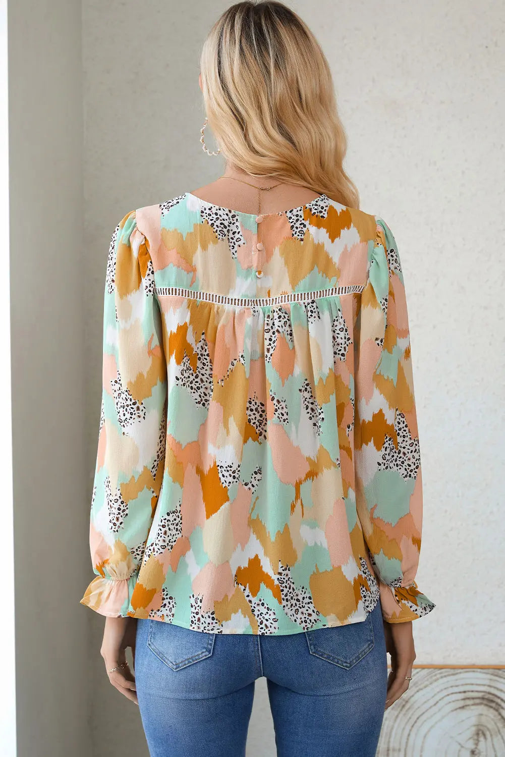 Boho Frill Multicolor Abstract Print Long Sleeve Blouse - ThingsWeUseAndLove 