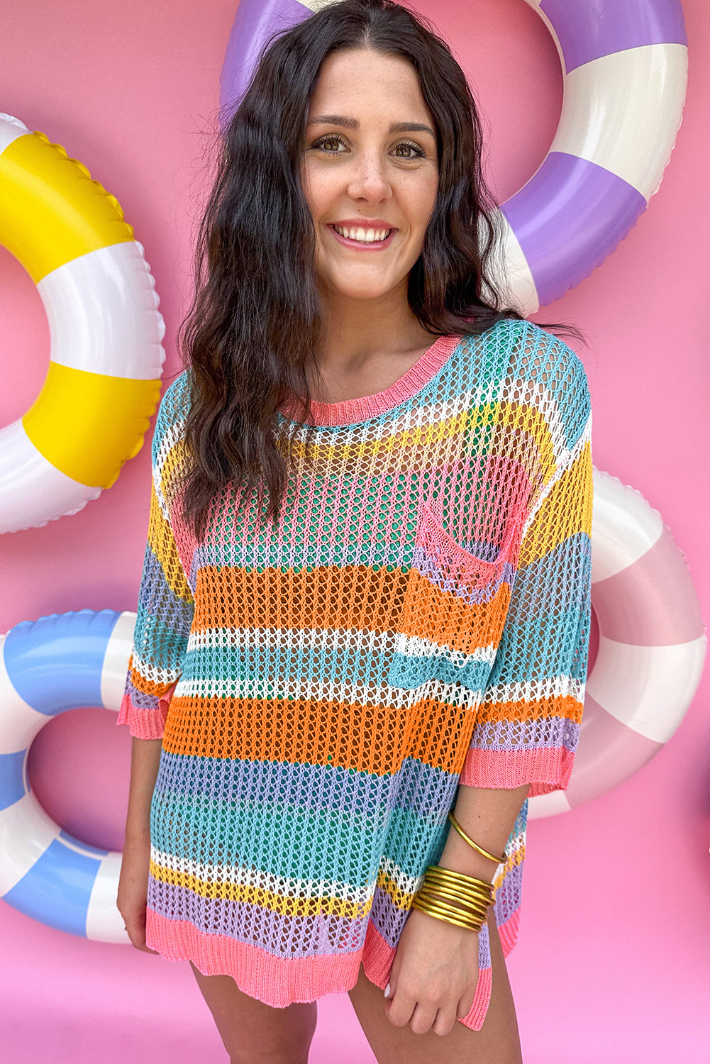 Striped Color Block Hollow Crochet 3/4 Sleeve T Shirt - ThingsWeUseAndLove 