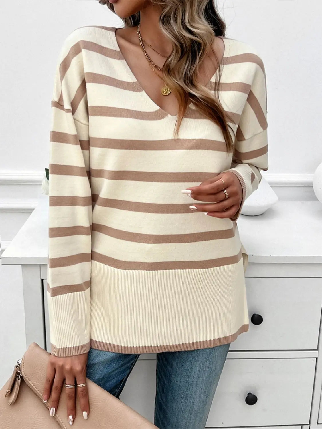 Striped V-Neck Long Sleeve Knit Top - ThingsWeUseAndLove 