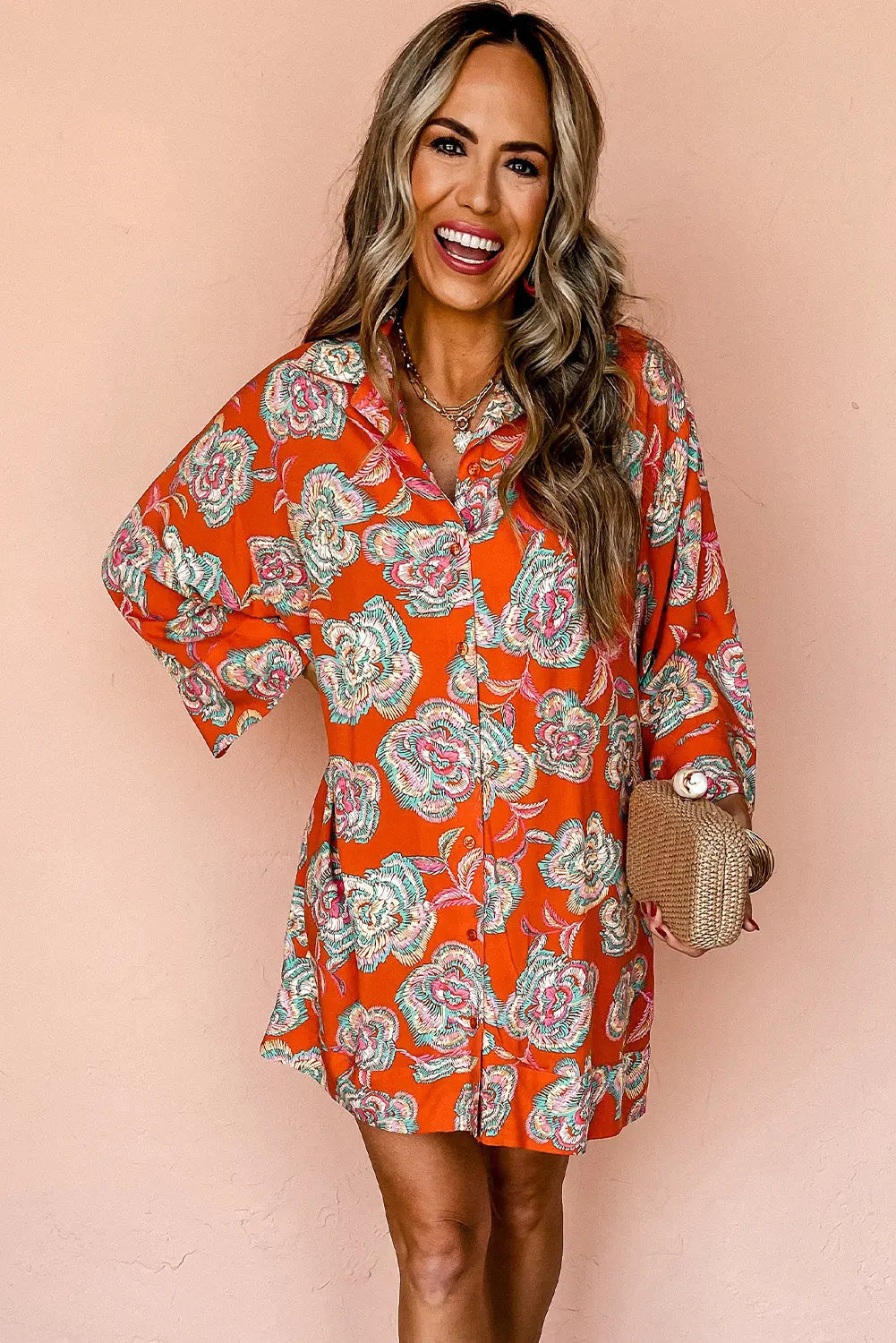 Red Floral Print Lapel Collar Loose Shirt Mini Dress - ThingsWeUseAndLove 
