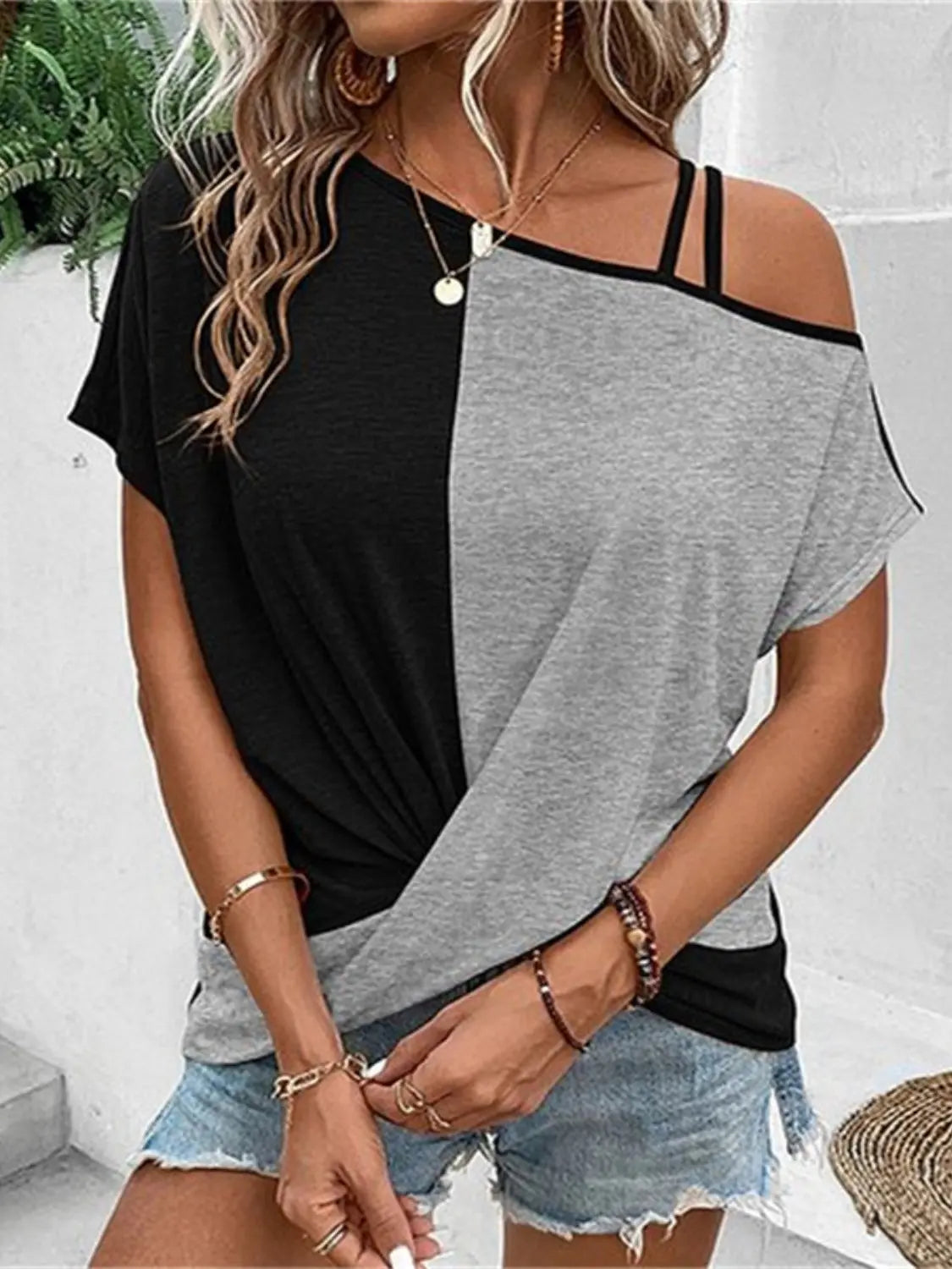 Colleen Contrast Asymmetrical Neck Short Sleeve T-Shirt - ThingsWeUseAndLove Gray-2XL