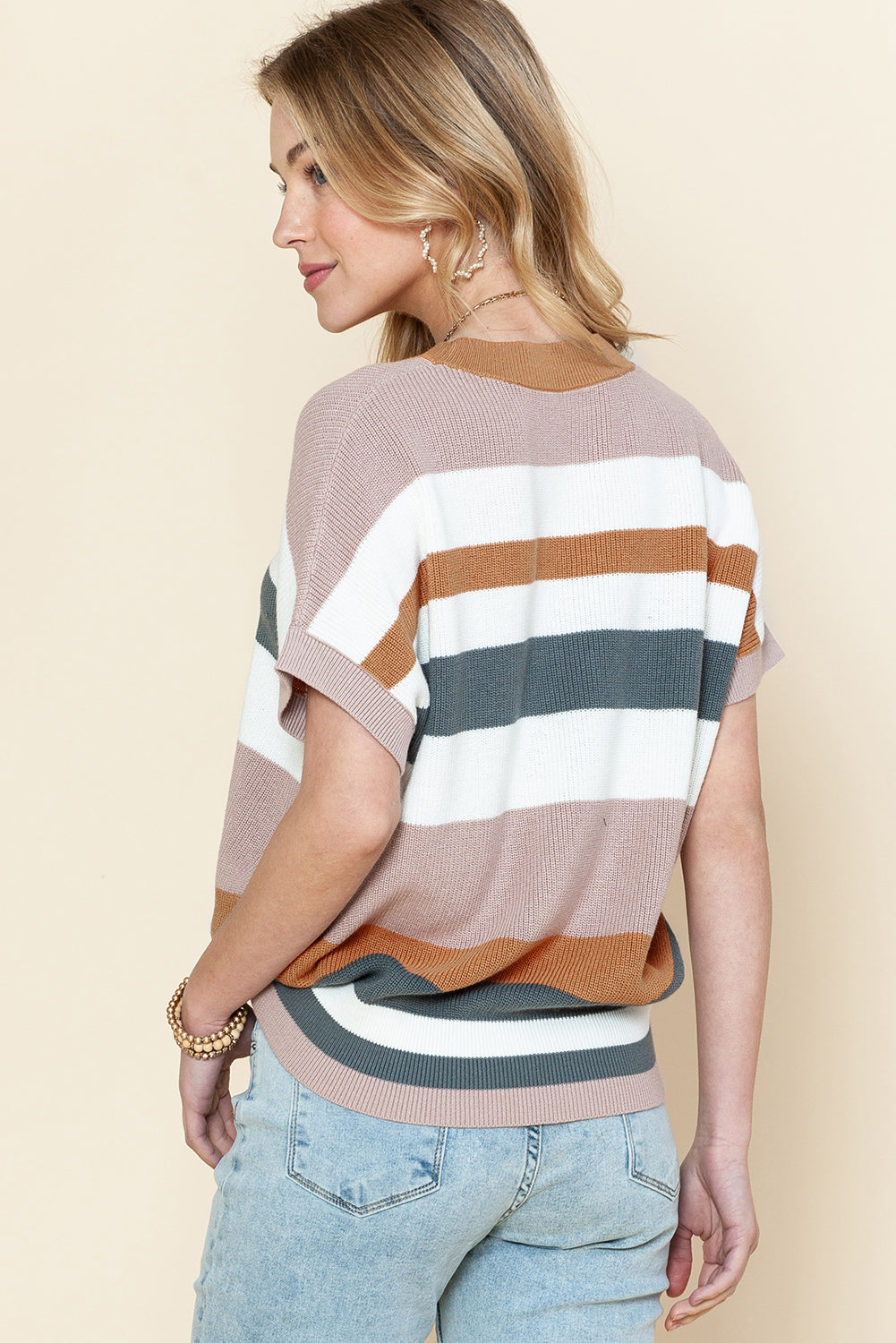 Camel Striped Colorblock Knit Short Sleeve T-shirt - ThingsWeUseAndLove 