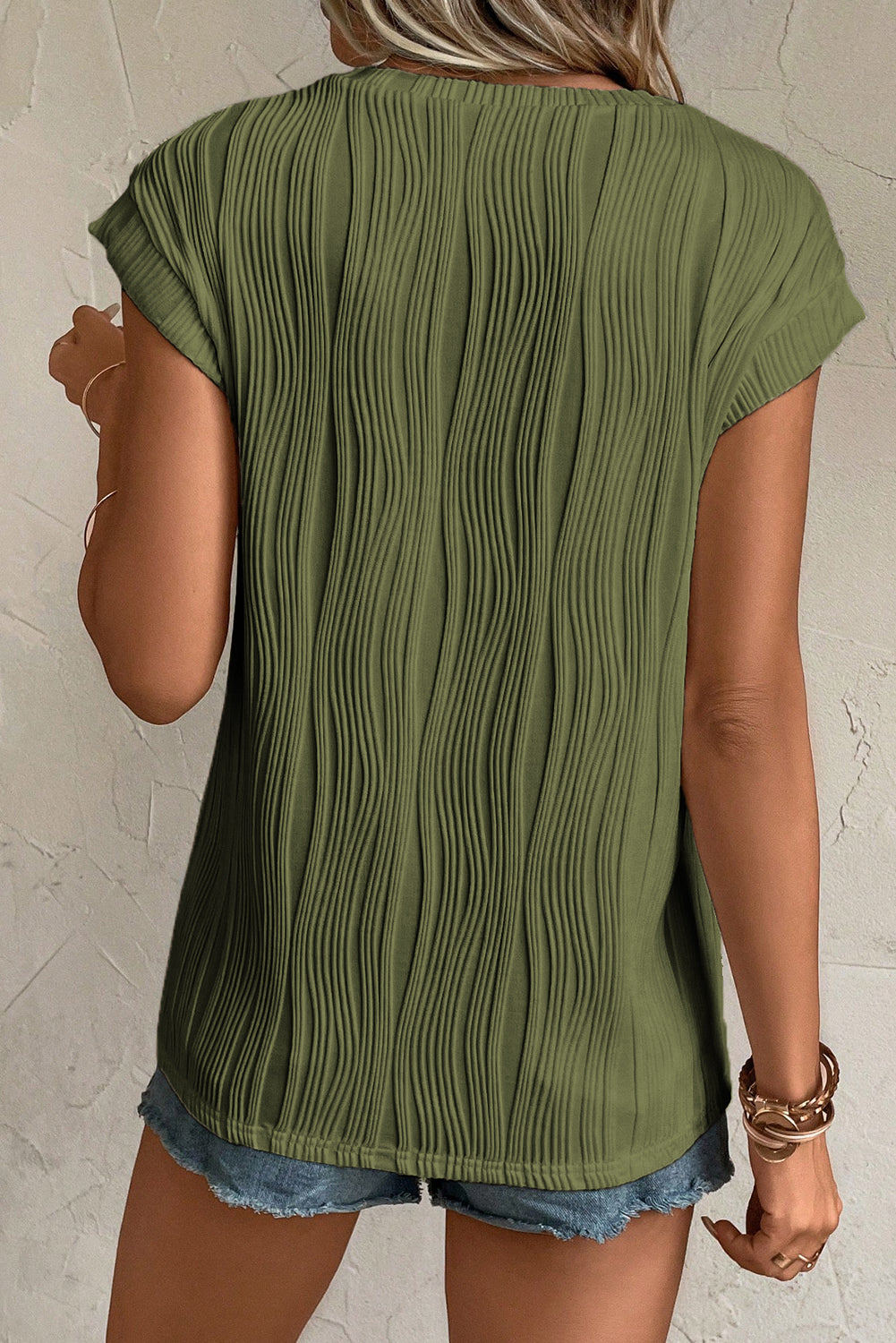 Wavy Textured Cap Sleeve Top - ThingsWeUseAndLove 