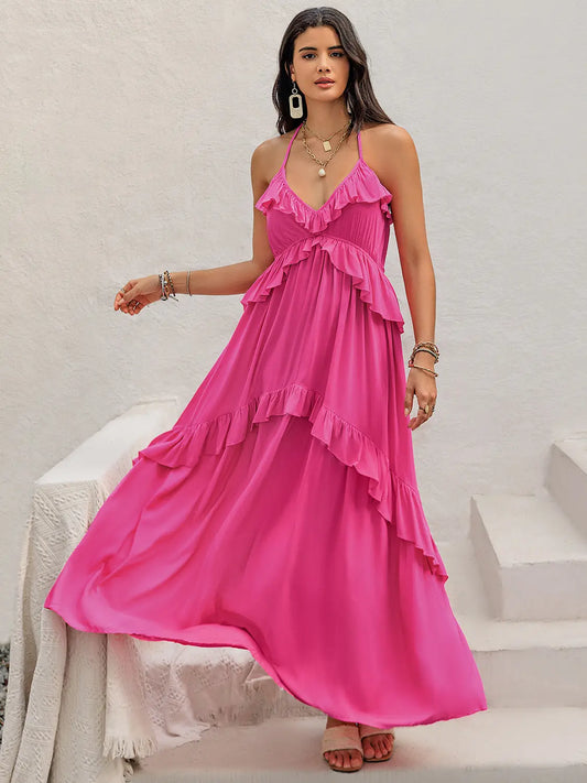 Flora Ruffled Halter Neck Sleeveless Maxi Dress - ThingsWeUseAndLove Hot-Pink-XL