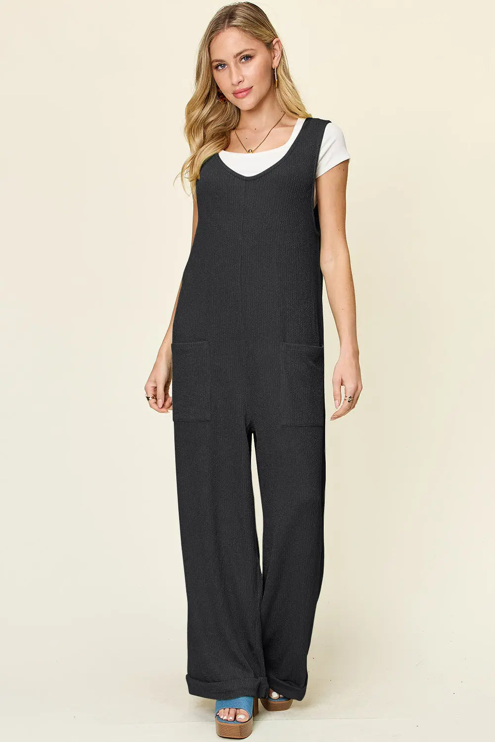 Size-Inclusive Texture Sleeveless Wide Leg Jumpsuit - ThingsWeUseAndLove Black-3XL