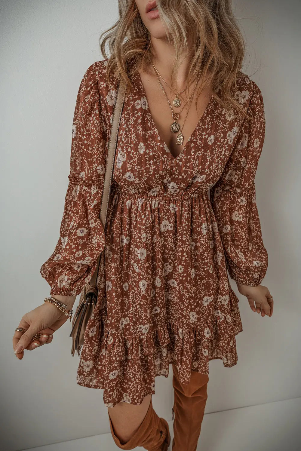 Brown Boho Floral Ruffle Puff Sleeve V Neck Mini Dress - ThingsWeUseAndLove 