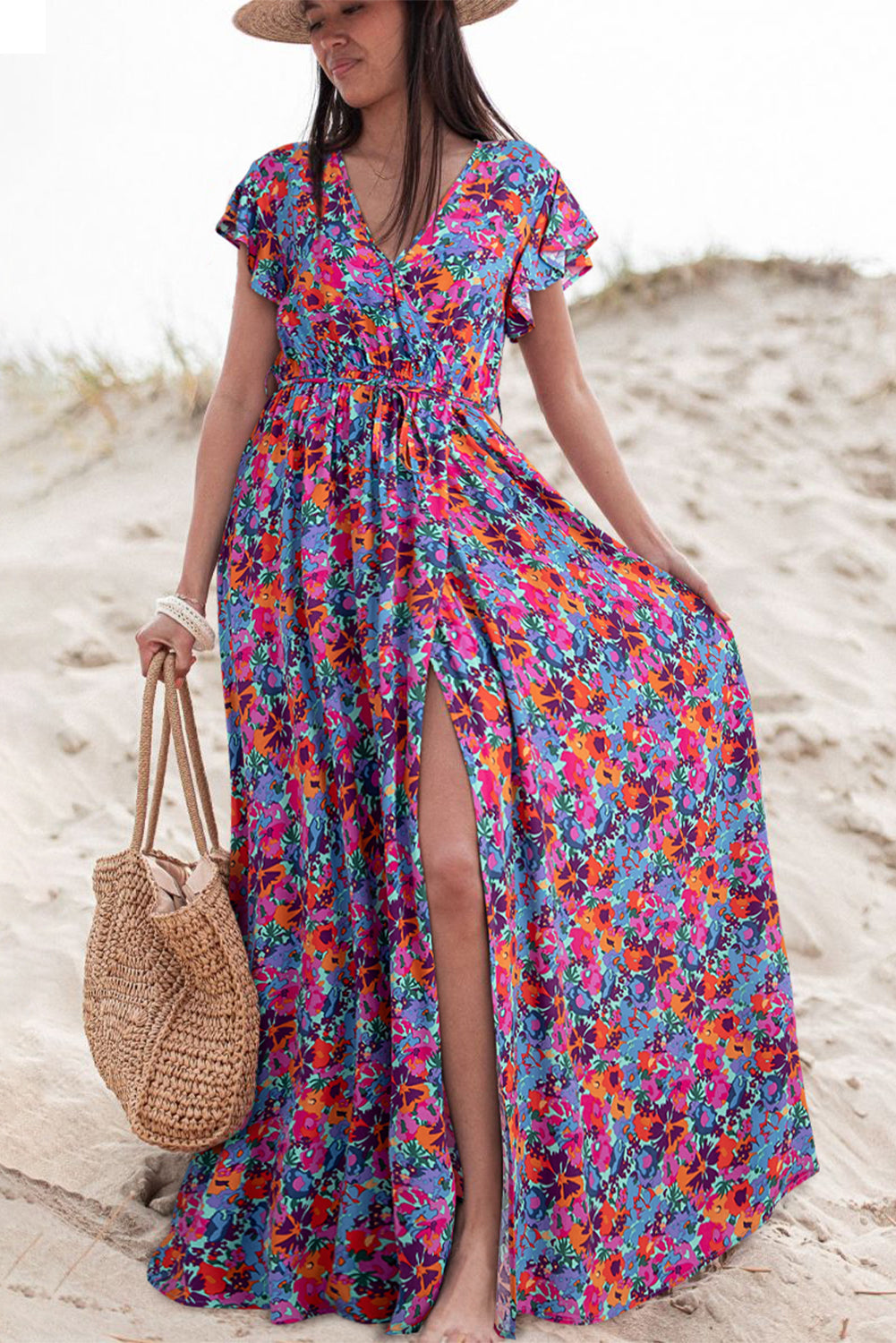 Blue Boho Floral Print V Neck Wrap Split Maxi Dress - ThingsWeUseAndLove 