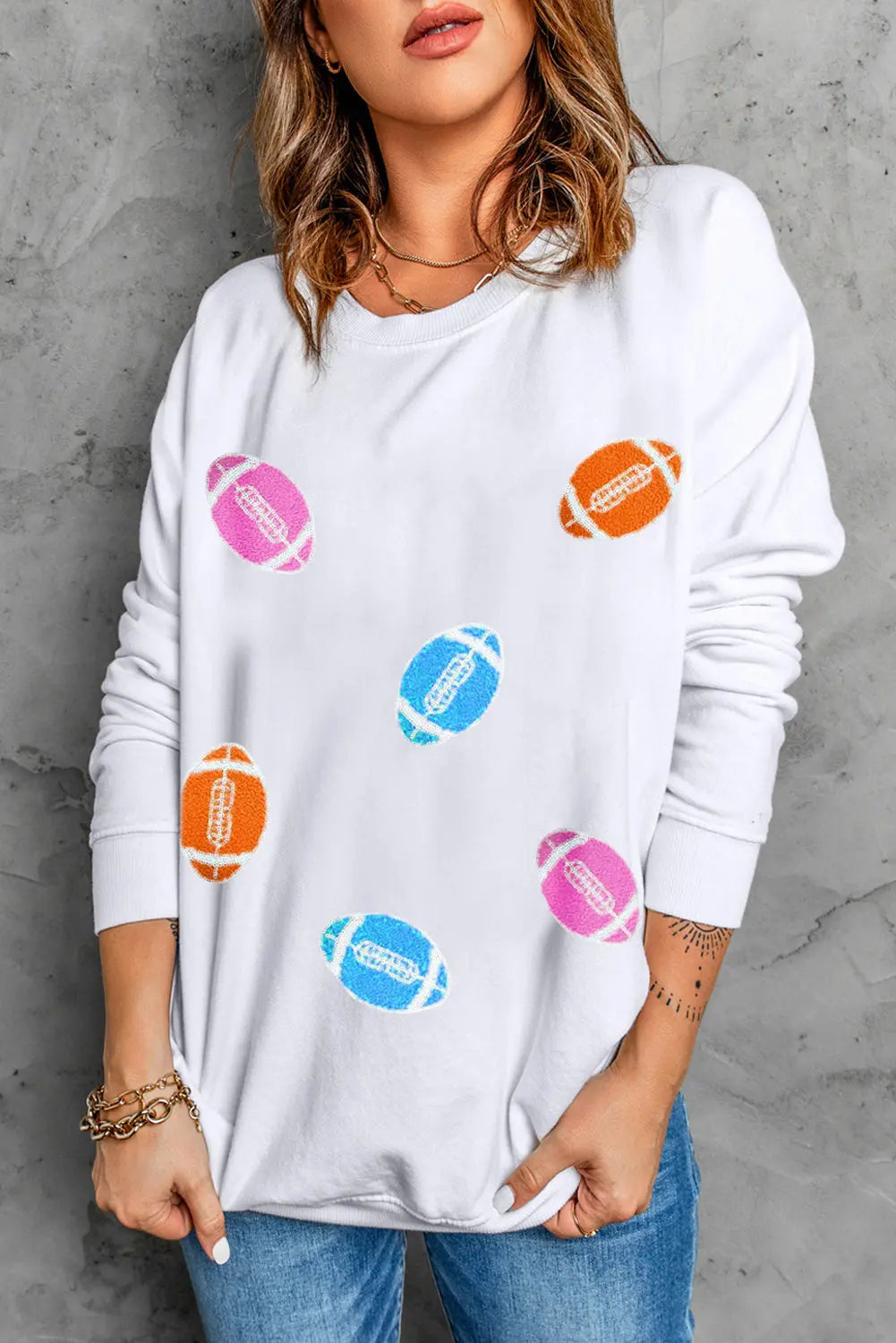 Tali Football Round Neck Long Sleeve Sweatshirt - ThingsWeUseAndLove 