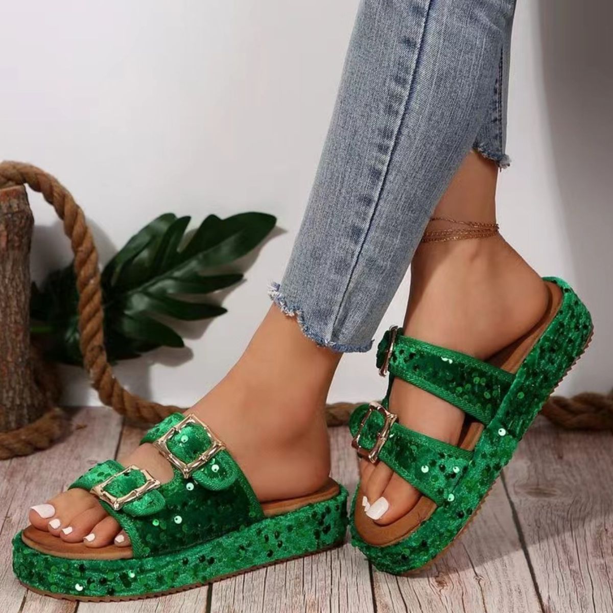 Sequin Trim Open Toe Sandals - ThingsWeUseAndLove 