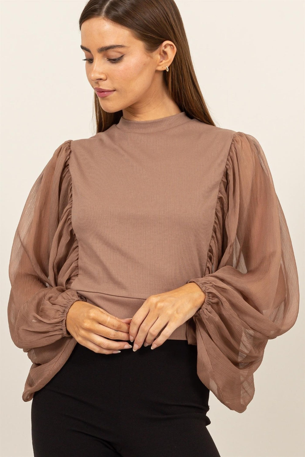 Ruched Sheer Long Sleeve Mock Neck Blouse - ThingsWeUseAndLove Mocha-L