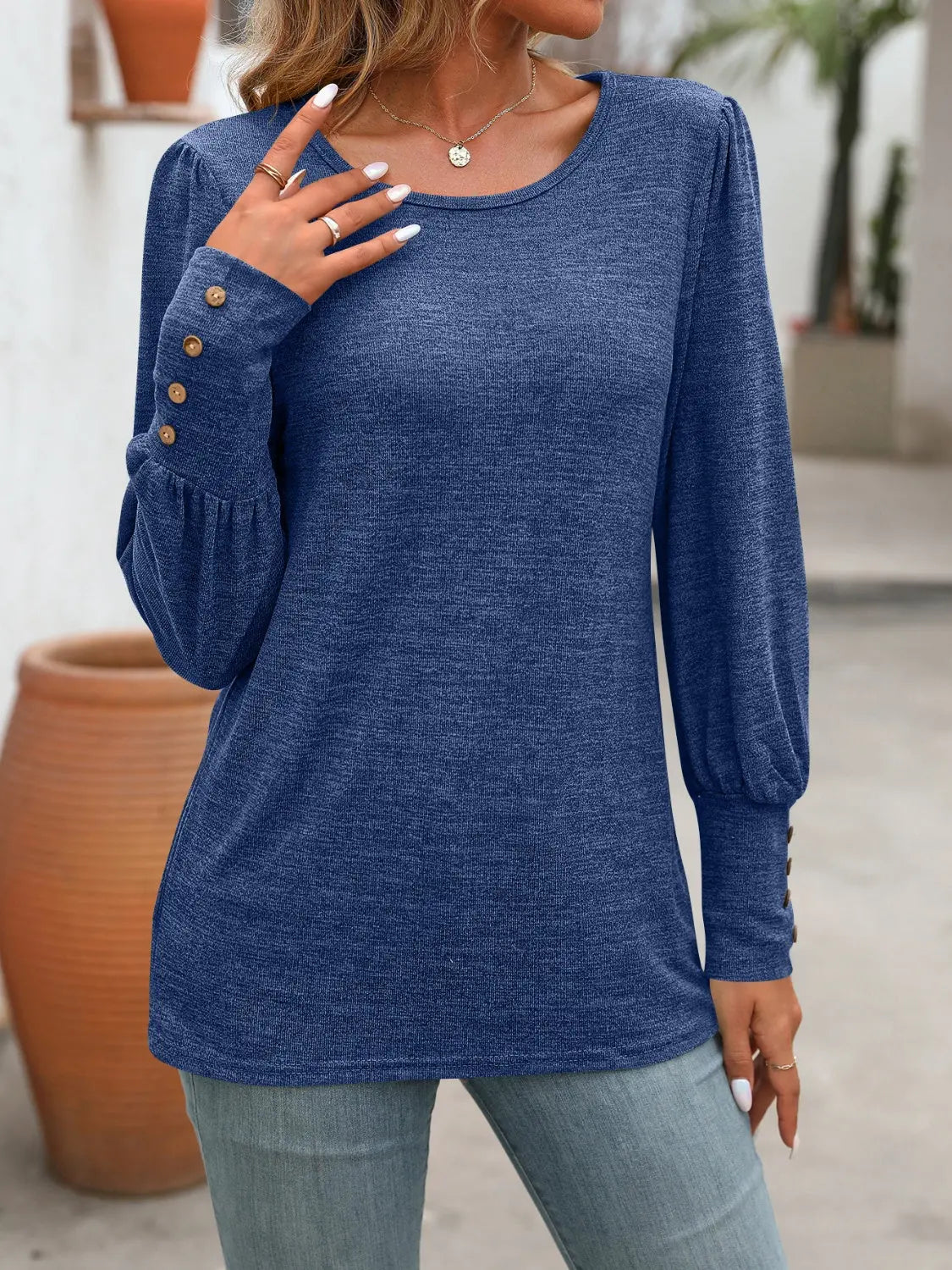 Decorative Button Round Neck Long Sleeve T-Shirt - ThingsWeUseAndLove 