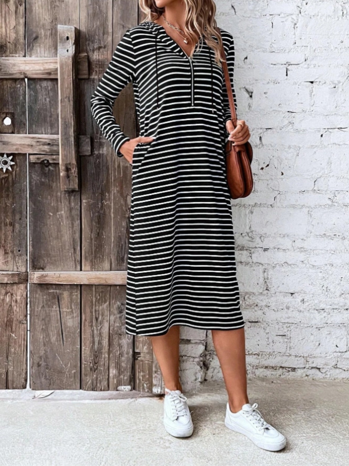 Striped Zip Front Hooded Dress - ThingsWeUseAndLove 