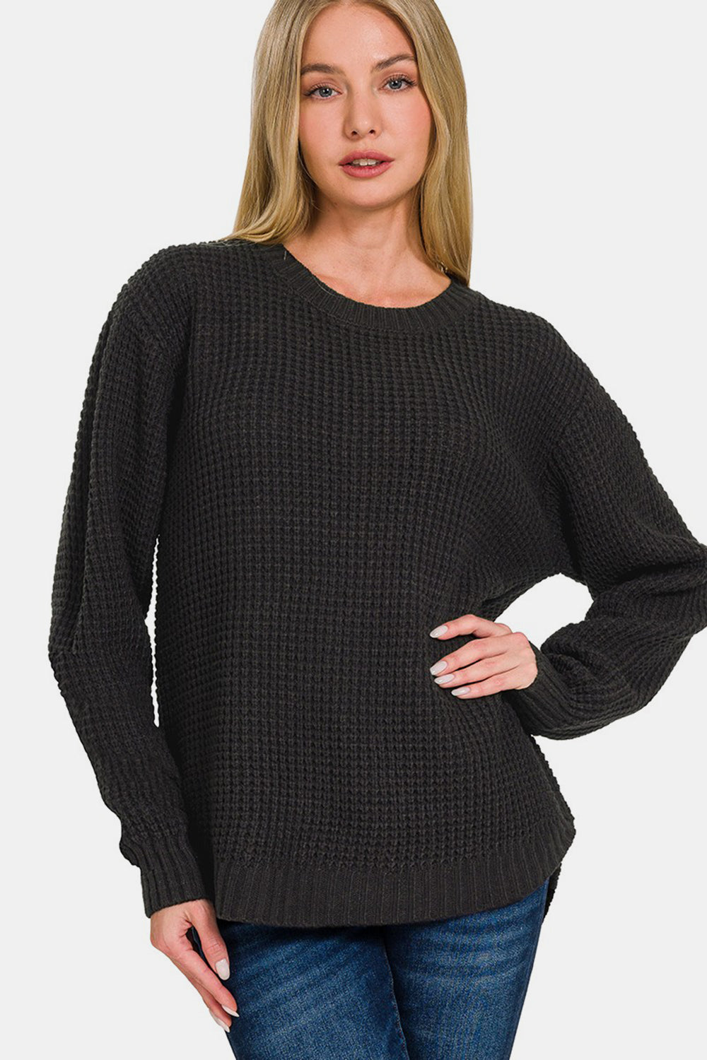 High Low Long Sleeve Waffle Sweater - ThingsWeUseAndLove Black-XL