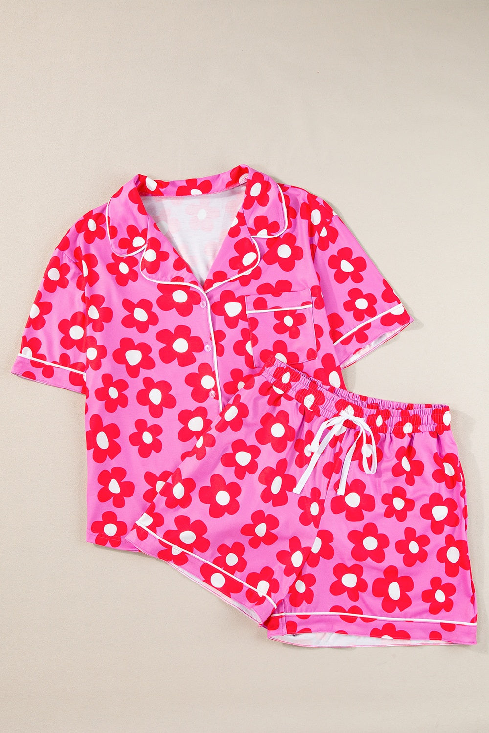 Pocketed Flower Half Sleeve Top and Shorts Lounge Set - ThingsWeUseAndLove Hot-Pink-XL