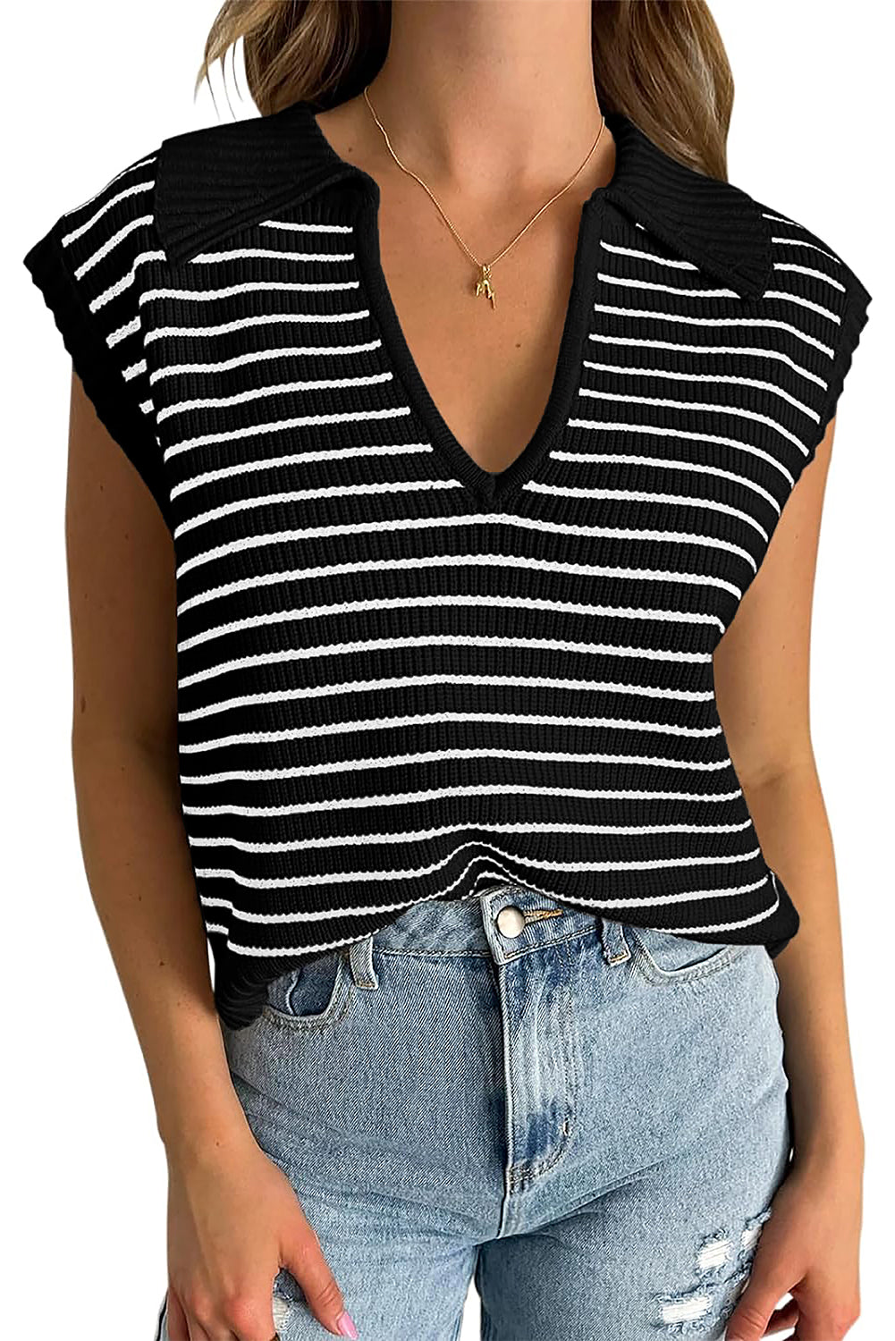 Turn-down Collar Sleeveless Knitted Top - ThingsWeUseAndLove 