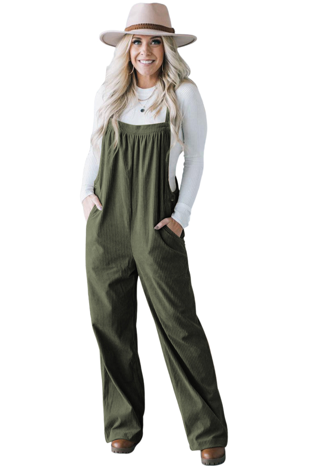 Jungle Green Plain Pocketed Loose Fit Corduroy Overalls - ThingsWeUseAndLove 