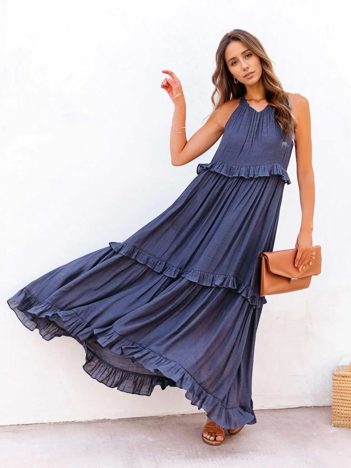 Ruffled Sleeveless Tiered Maxi Dress with Pockets - ThingsWeUseAndLove Dark-Blue-2XL