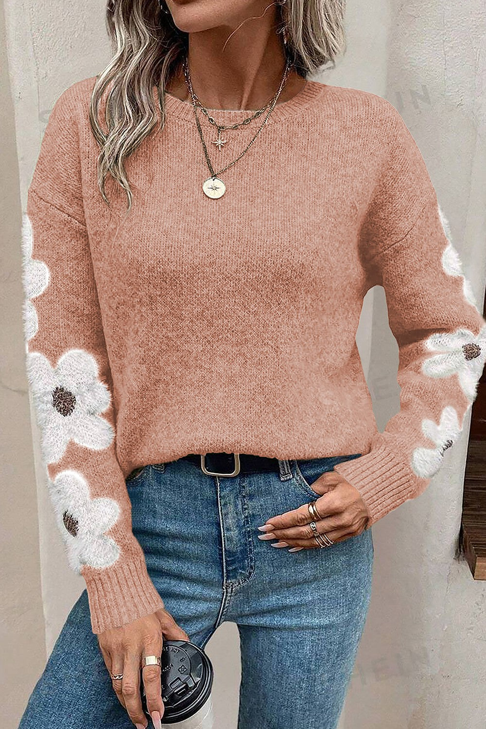 Paix Flower Round Neck Long Sleeve Sweater - ThingsWeUseAndLove Dusty-Pink-2XL