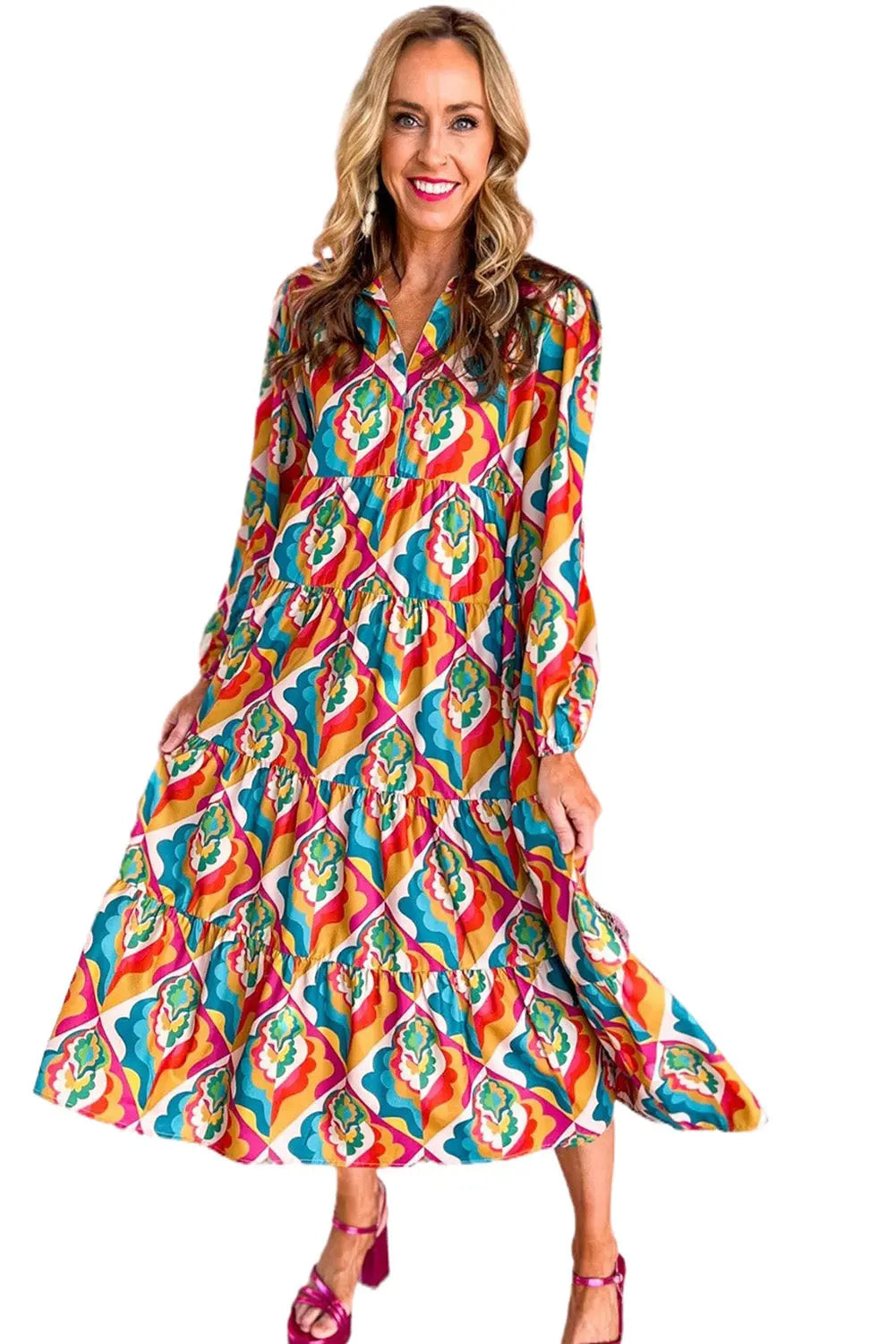 Notch Neck Tiered Multicolor Abstract Geometric Print Boho Dress - ThingsWeUseAndLove 