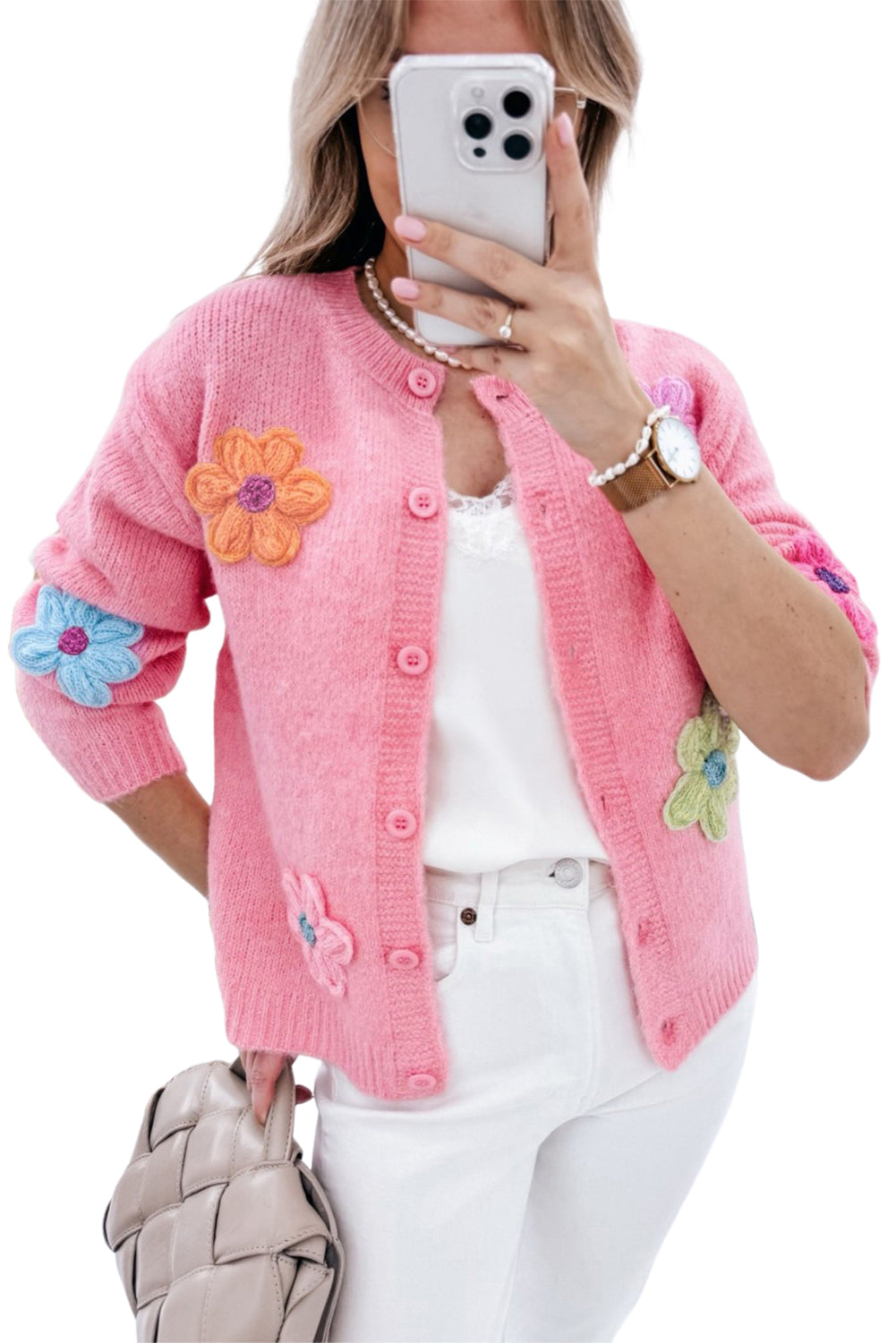 White Cute Flower Pattern Button-Up Cardigan - ThingsWeUseAndLove 