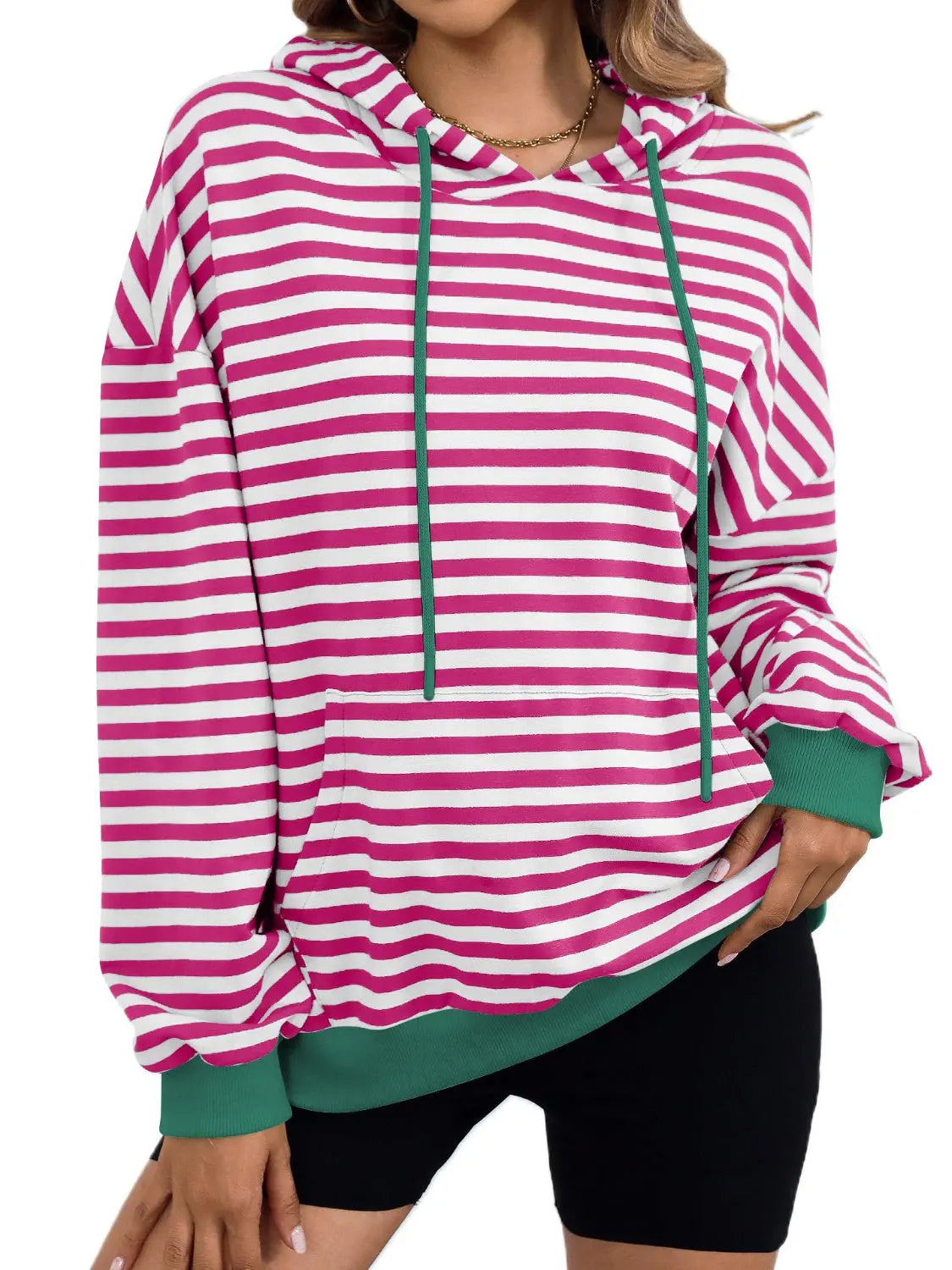 Drawstring Striped Long Sleeve Hoodie - ThingsWeUseAndLove Hot-Pink-XL