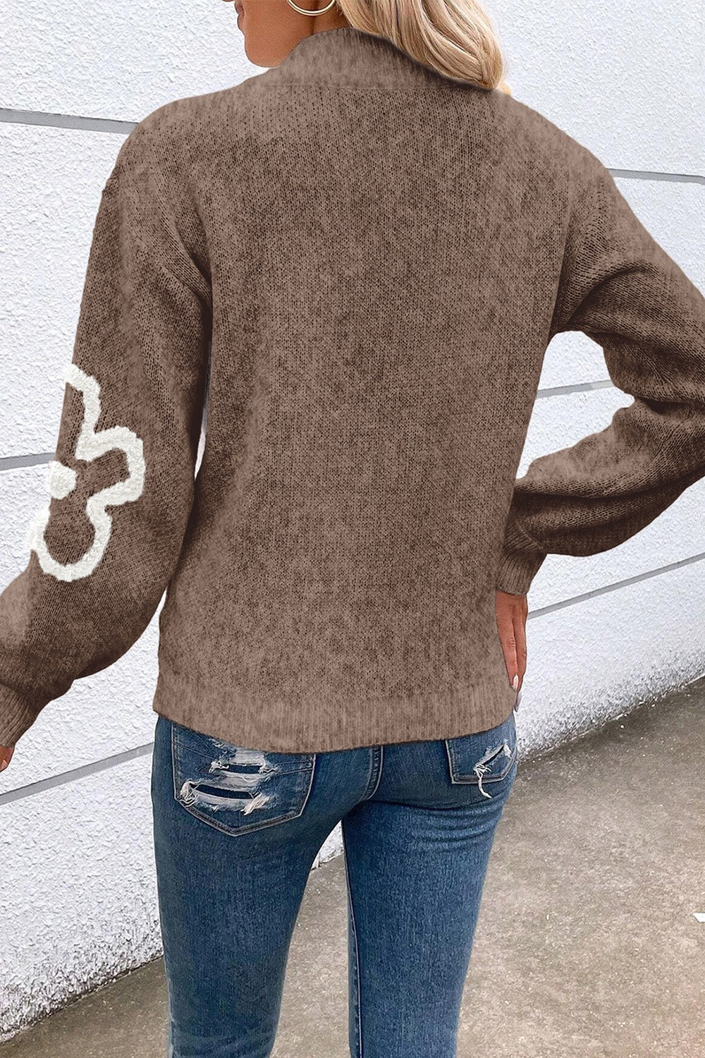 Flower Half Zip Dropped Shoulder Sweater - ThingsWeUseAndLove 