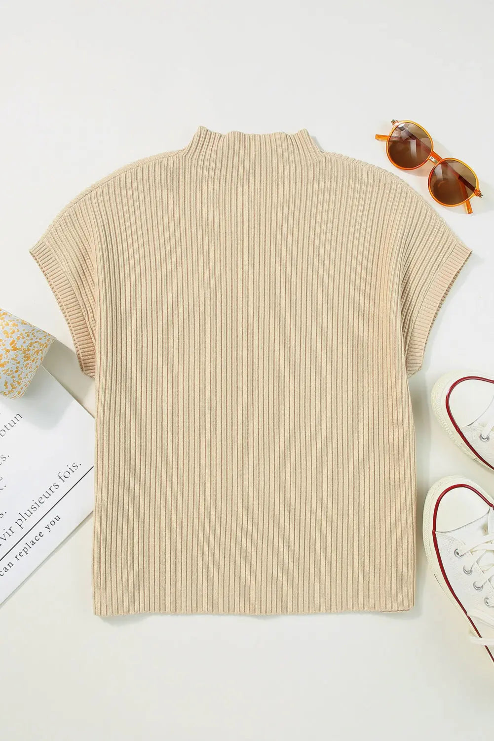 Gold Flame Patch Pocket Ribbed Knit Short Sleeve Sweater - ThingsWeUseAndLove 