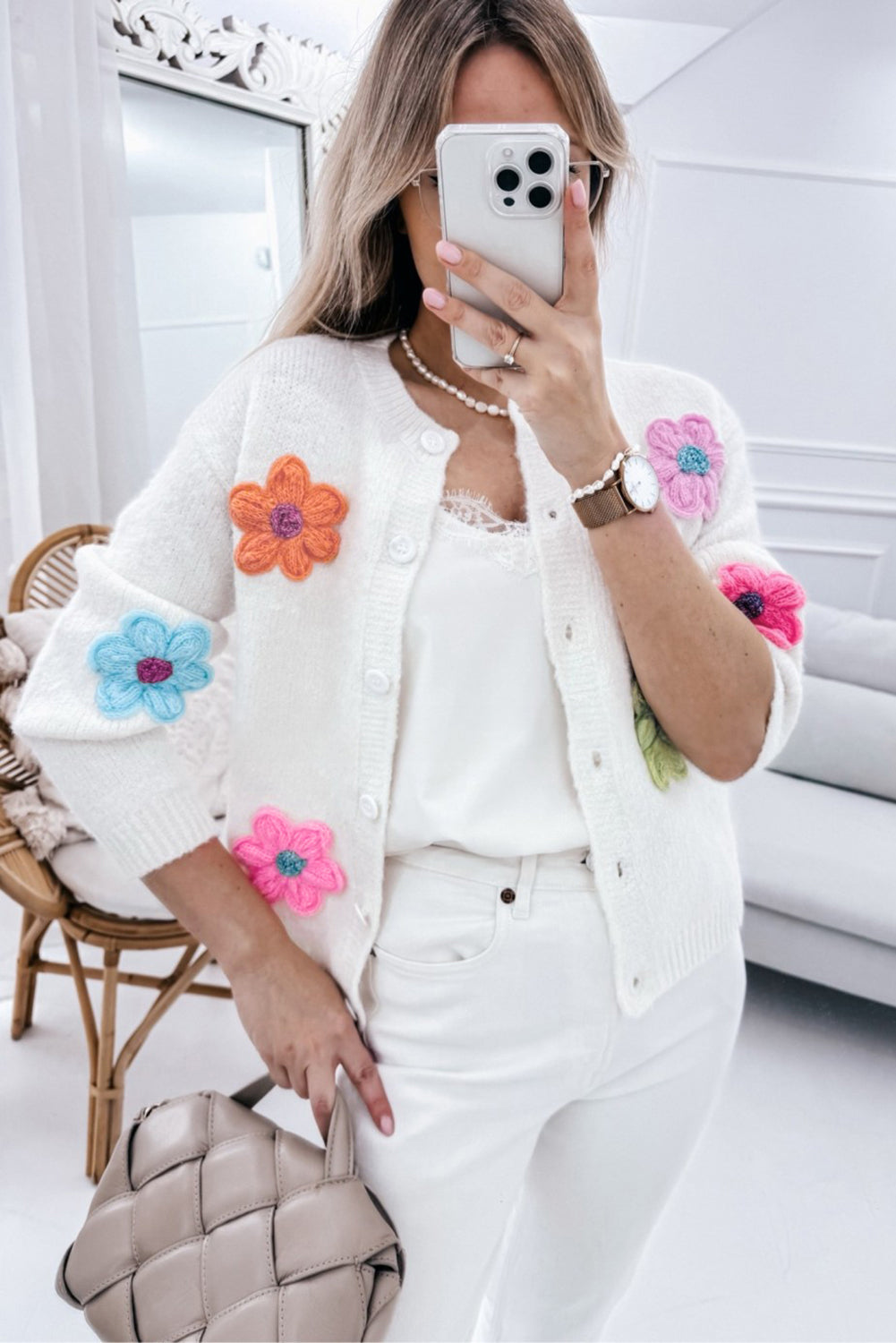 White Cute Flower Pattern Button-Up Cardigan - ThingsWeUseAndLove 