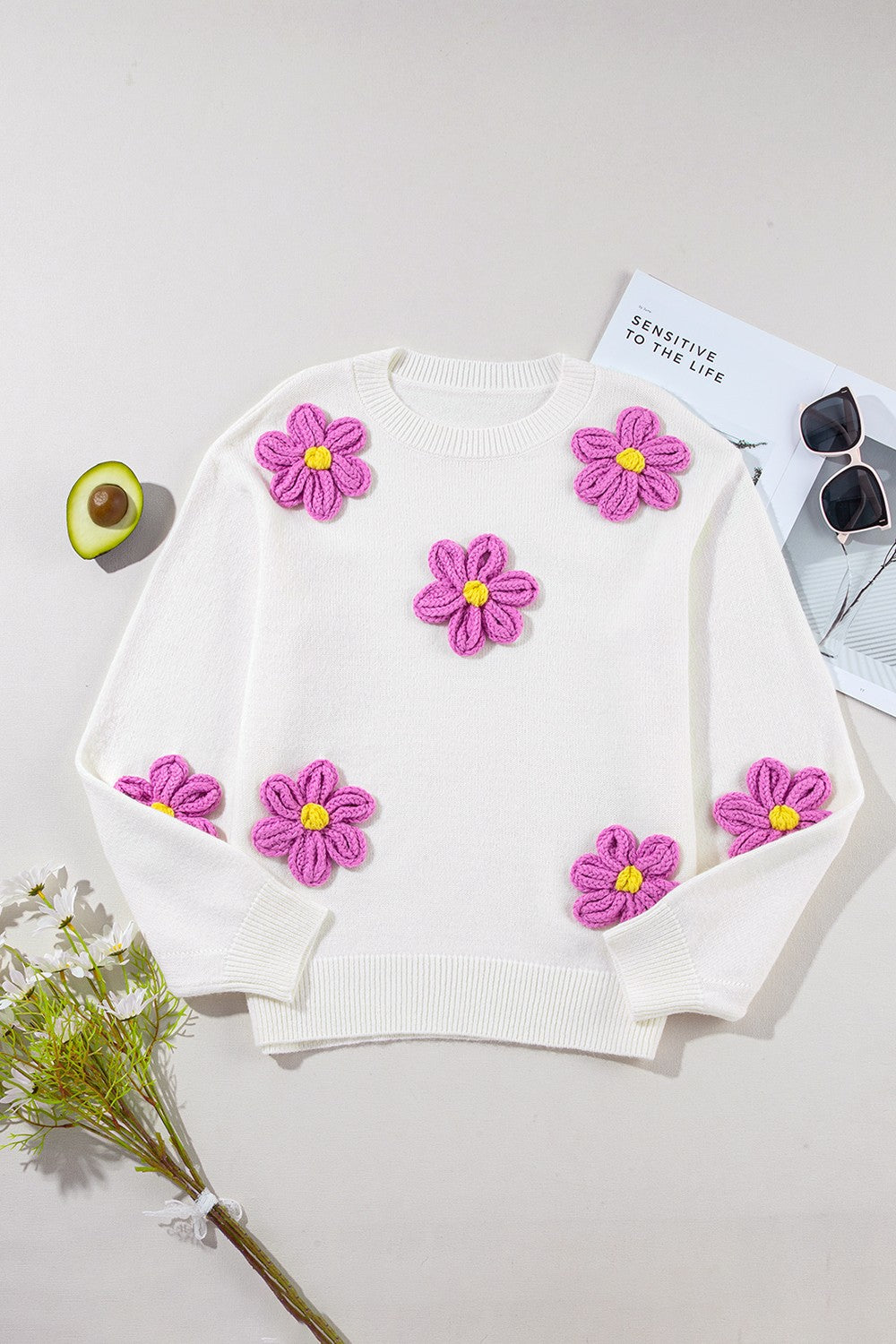 Calla Crochet Flower Round Neck Long Sleeve Sweater - ThingsWeUseAndLove 